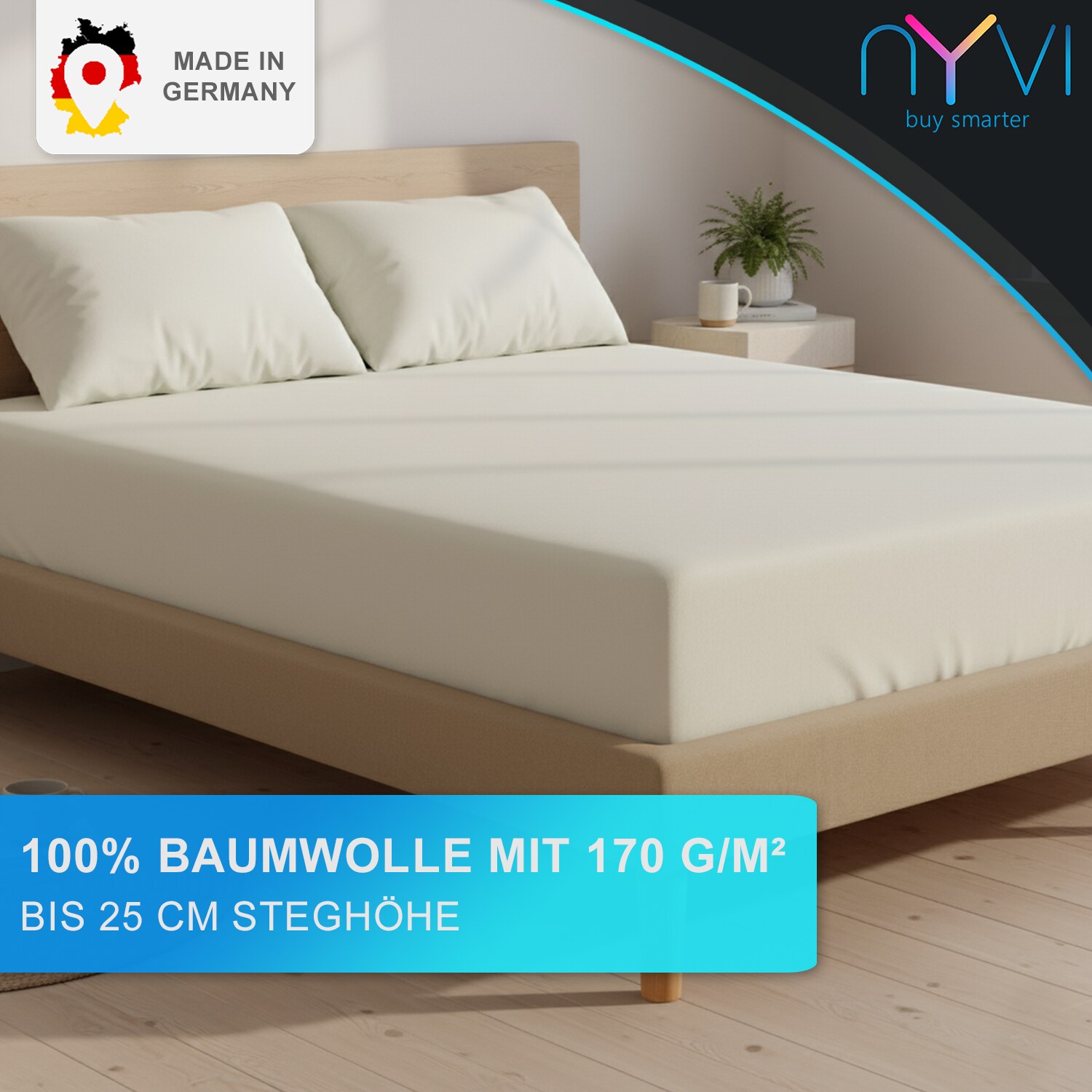 NYVI Feinbiber Spannbettlaken Deluxe für Matratzen bis 25 cm Steghöhe