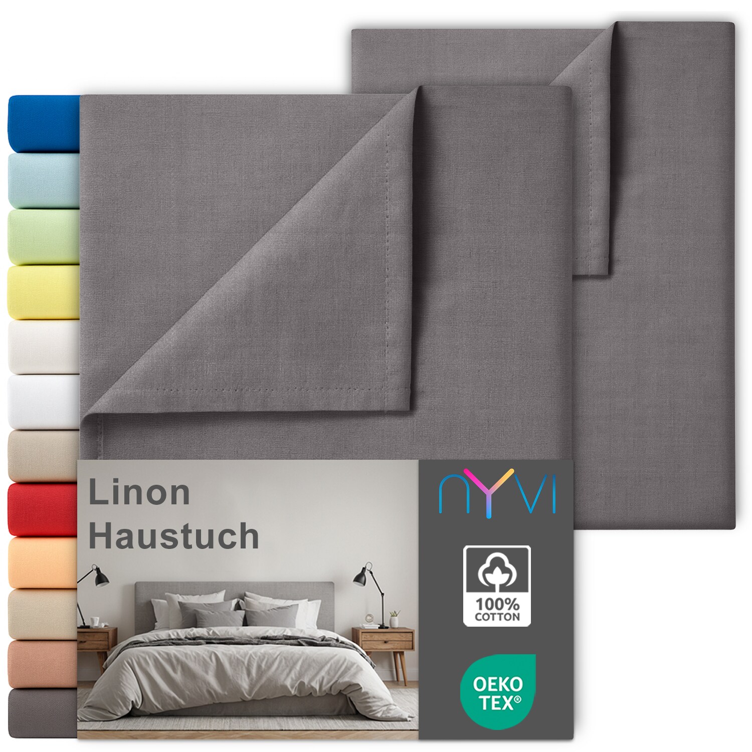 NYVI Linon Deluxe Bettlaken ohne Gummizug aus 100% atmungsaktiver Baumwolle - Betttuch auch als Sommerdecke nutzbar Farbe:Anthrazit;Gr&ouml;&szlig;e:150x250 cm (2er Set) - Bild 1