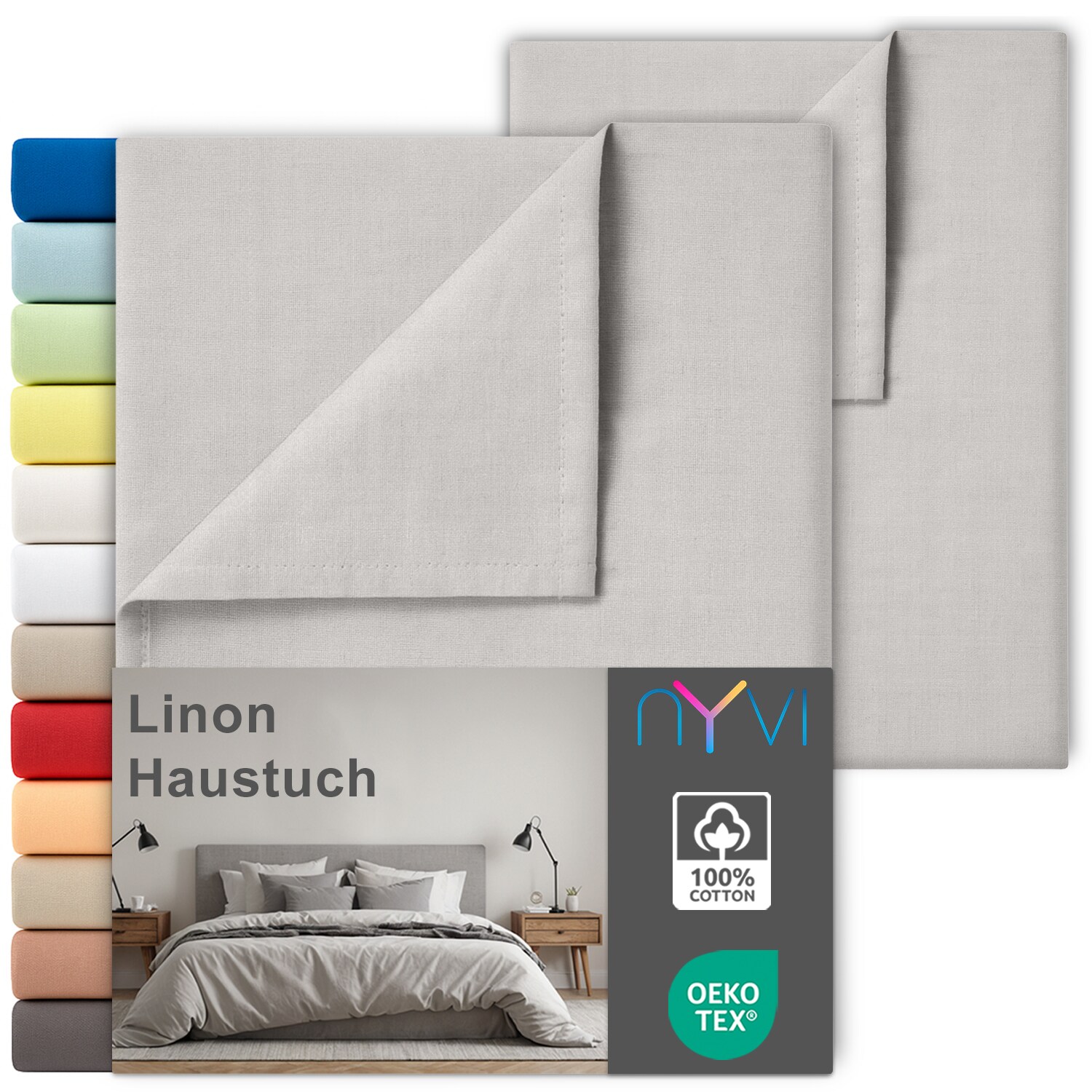NYVI Linon Deluxe Bettlaken ohne Gummizug aus 100% atmungsaktiver Baumwolle - Betttuch auch als Sommerdecke nutzbar Farbe:Silber;Größe:240x260 cm (2er Set)