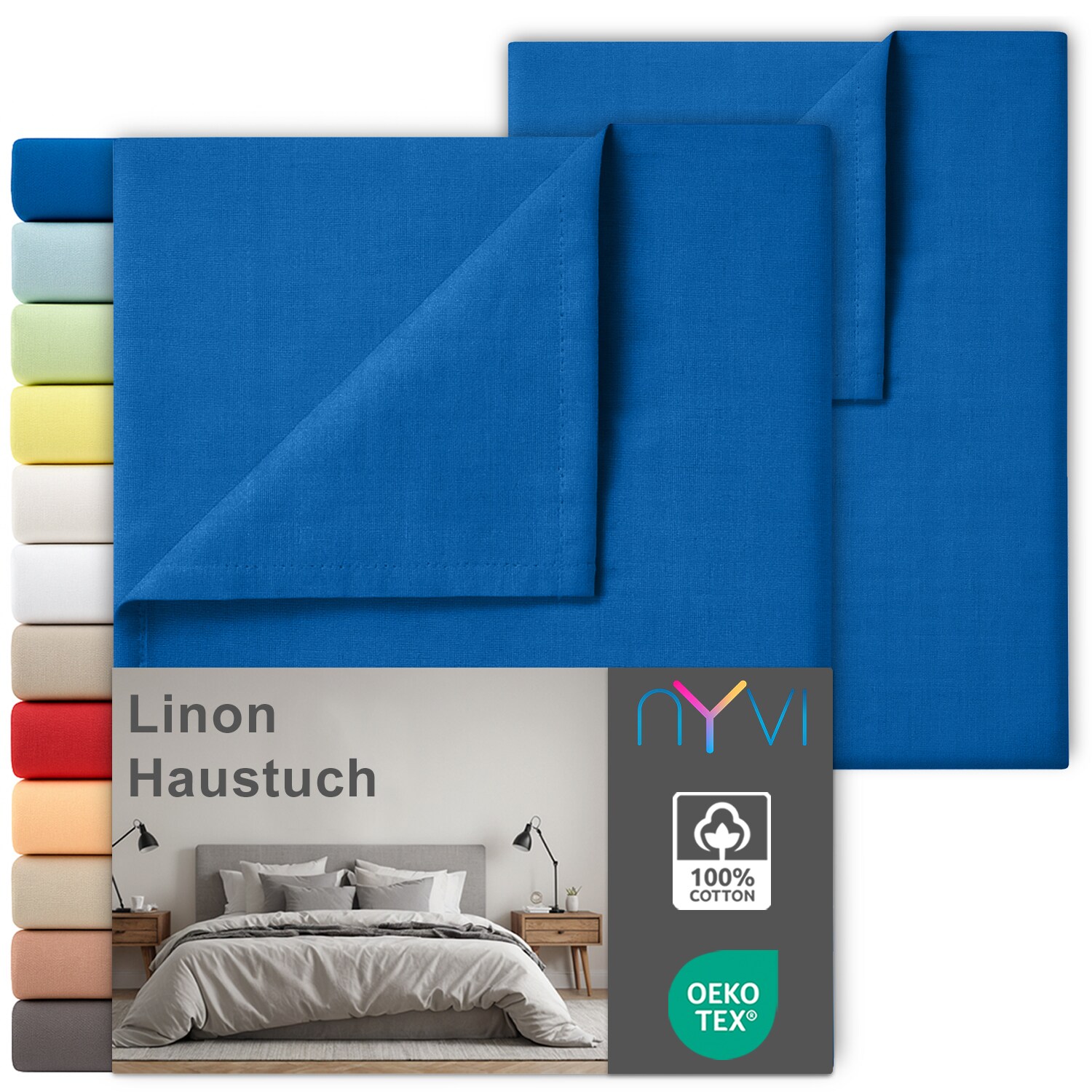 NYVI Linon Deluxe Bettlaken ohne Gummizug aus 100% atmungsaktiver Baumwolle - Betttuch auch als Sommerdecke nutzbar Farbe:Royalblau;Gr&ouml;&szlig;e:150x250 cm (2er Set) - Bild 1