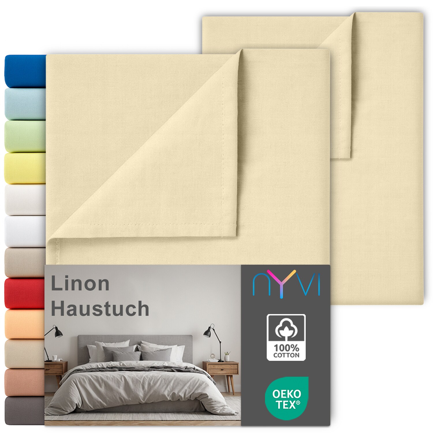 NYVI Linon Deluxe Bettlaken ohne Gummizug aus 100% atmungsaktiver Baumwolle - Betttuch auch als Sommerdecke nutzbar Farbe:Creme;Größe:240x260 cm (2er Set)