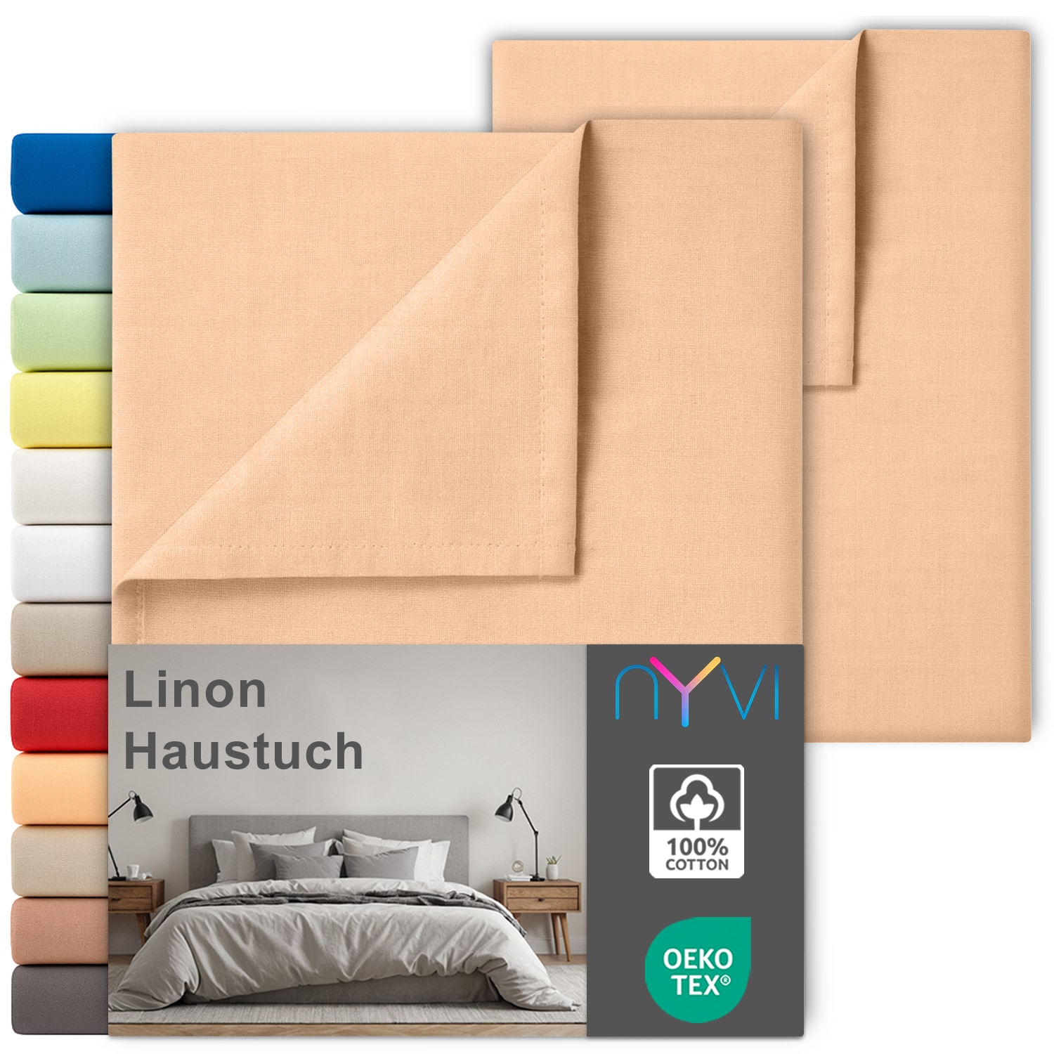 NYVI Linon Deluxe Bettlaken ohne Gummizug aus 100% atmungsaktiver Baumwolle - Betttuch auch als Sommerdecke nutzbar Farbe:Apricot;Gr&ouml;&szlig;e:150x250 cm (2er Set) - Bild 1