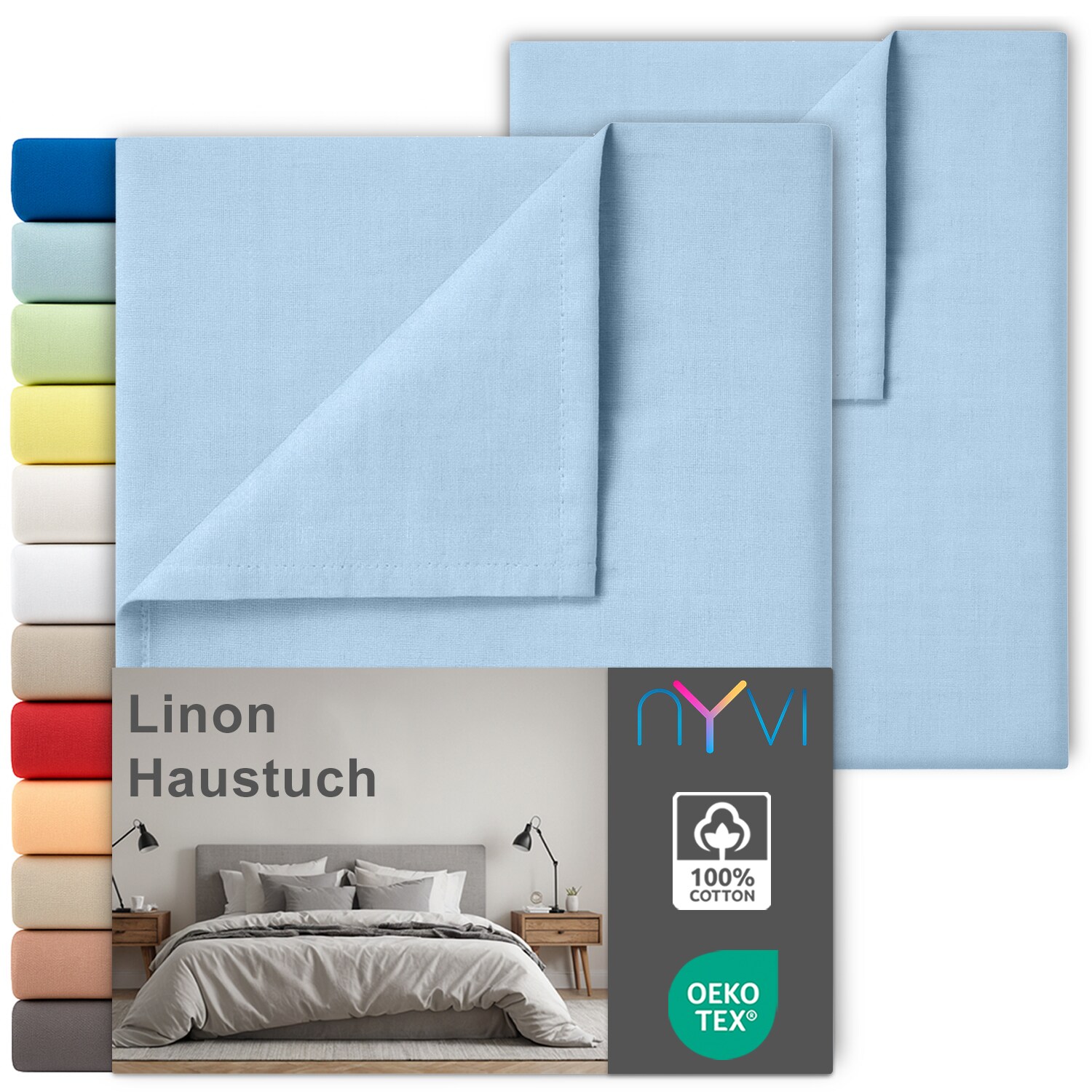 NYVI Linon Deluxe Bettlaken ohne Gummizug aus 100% atmungsaktiver Baumwolle - Betttuch auch als Sommerdecke nutzbar Farbe:Hellblau;Gr&ouml;&szlig;e:150x250 cm (2er Set) - Bild 1