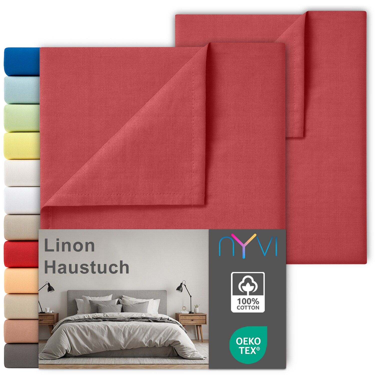 NYVI Linon Deluxe Bettlaken ohne Gummizug aus 100% atmungsaktiver Baumwolle - Betttuch auch als Sommerdecke nutzbar Farbe:Rot;Gr&ouml;&szlig;e:150x250 cm (2er Set) - Bild 1