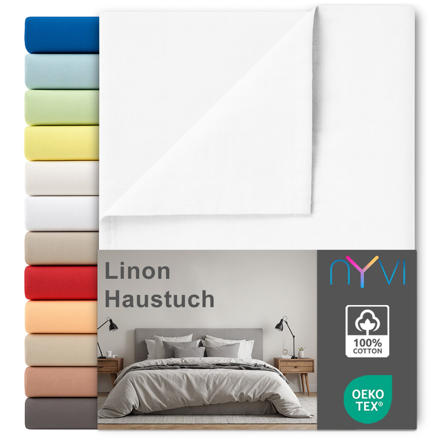 NYVI Linon Deluxe Bettlaken ohne Gummizug aus 100% atmungsaktiver Baumwolle - Betttuch auch als Sommerdecke nutzbar Farbe:Wei&szlig;;Gr&ouml;&szlig;e:150x250 cm - Bild 1