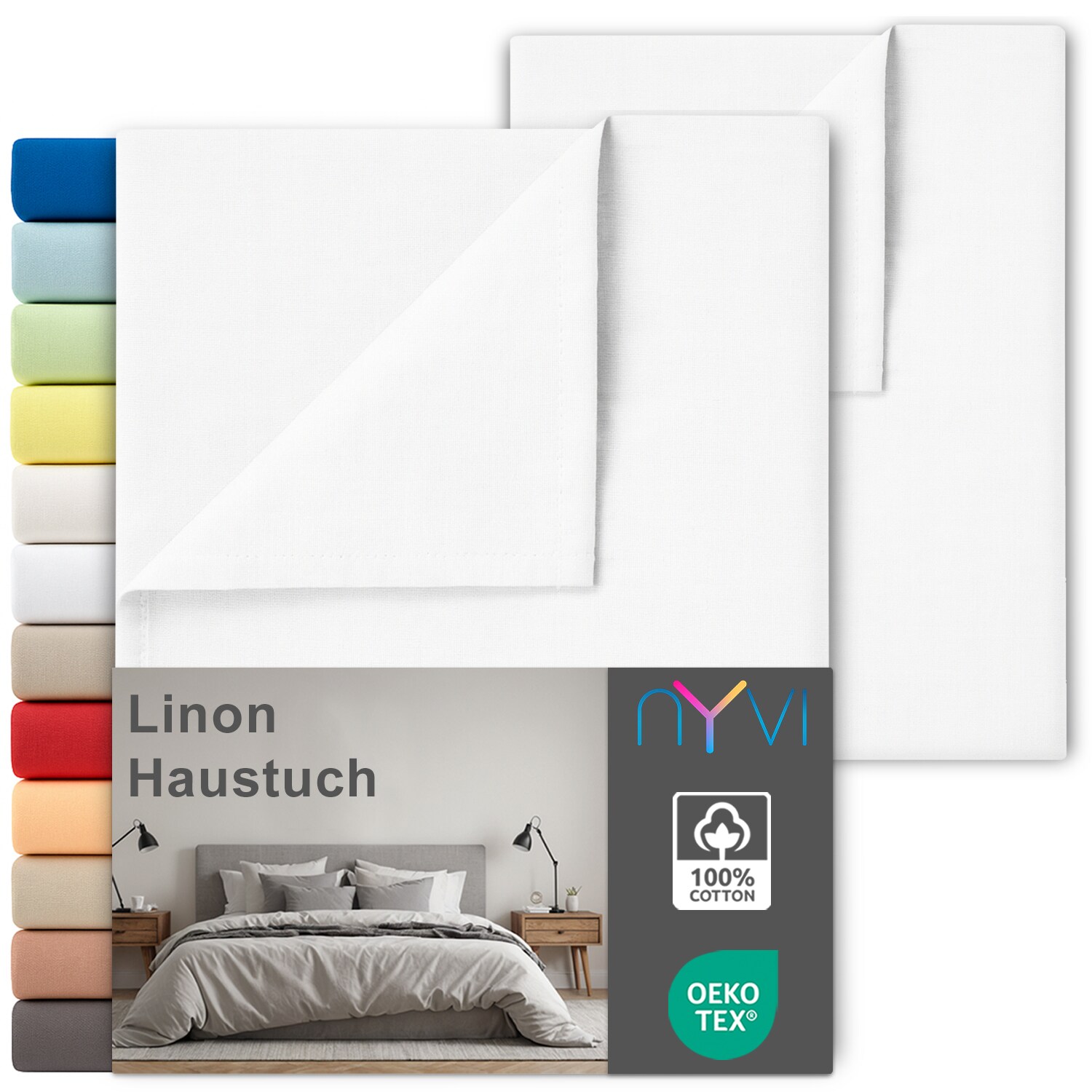 NYVI Linon Deluxe Bettlaken ohne Gummizug aus 100% atmungsaktiver Baumwolle - Betttuch auch als Sommerdecke nutzbar Farbe:Wei&szlig;;Gr&ouml;&szlig;e:240x260 cm (2er Set) - Bild 1