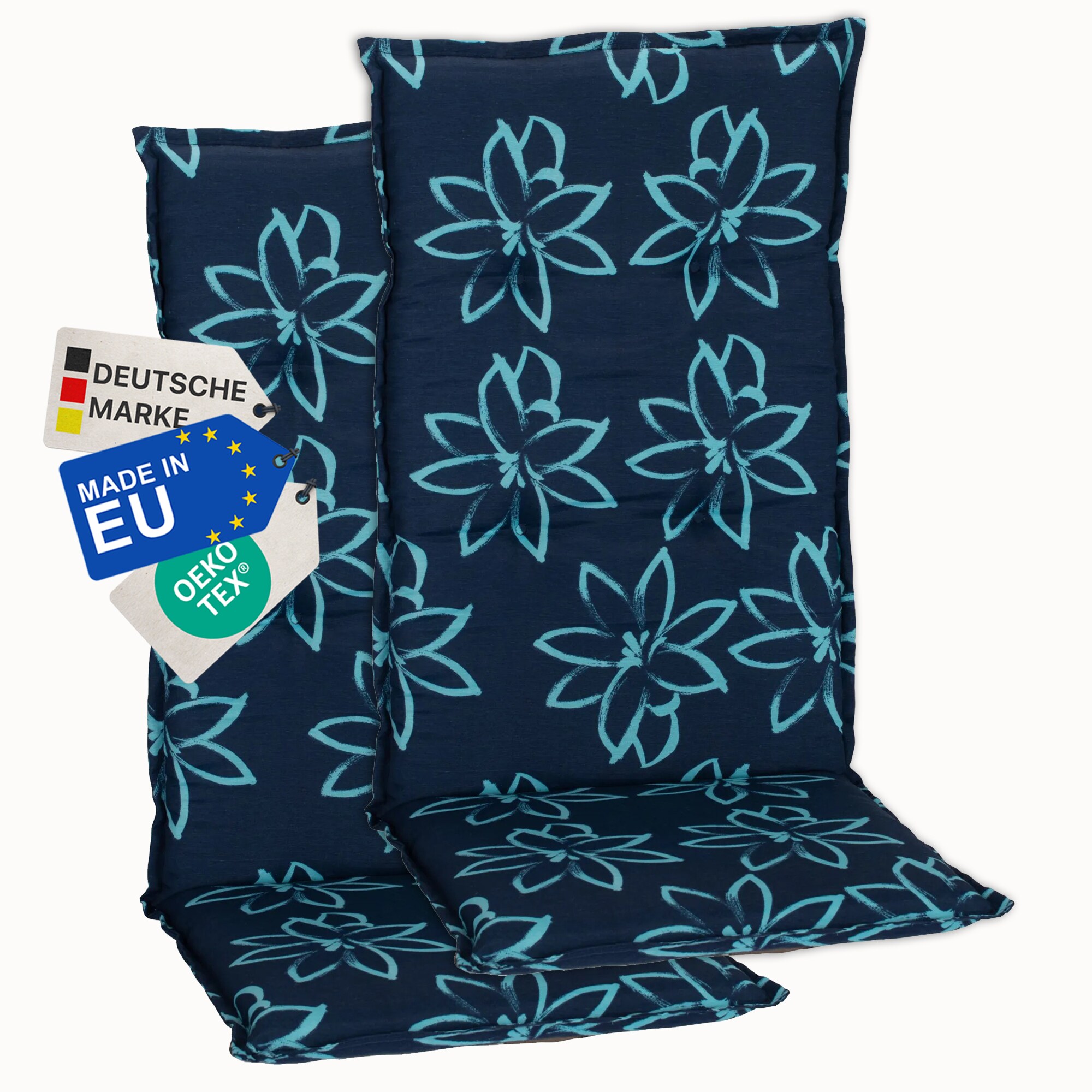 NYVI Gartenstuhl-Auflage Barcelona &ndash; Hochlehnerauflage f&uuml;r Gartenst&uuml;hle Anzahl:2er Set;Dessin:Blume Hellblau - Bild 1