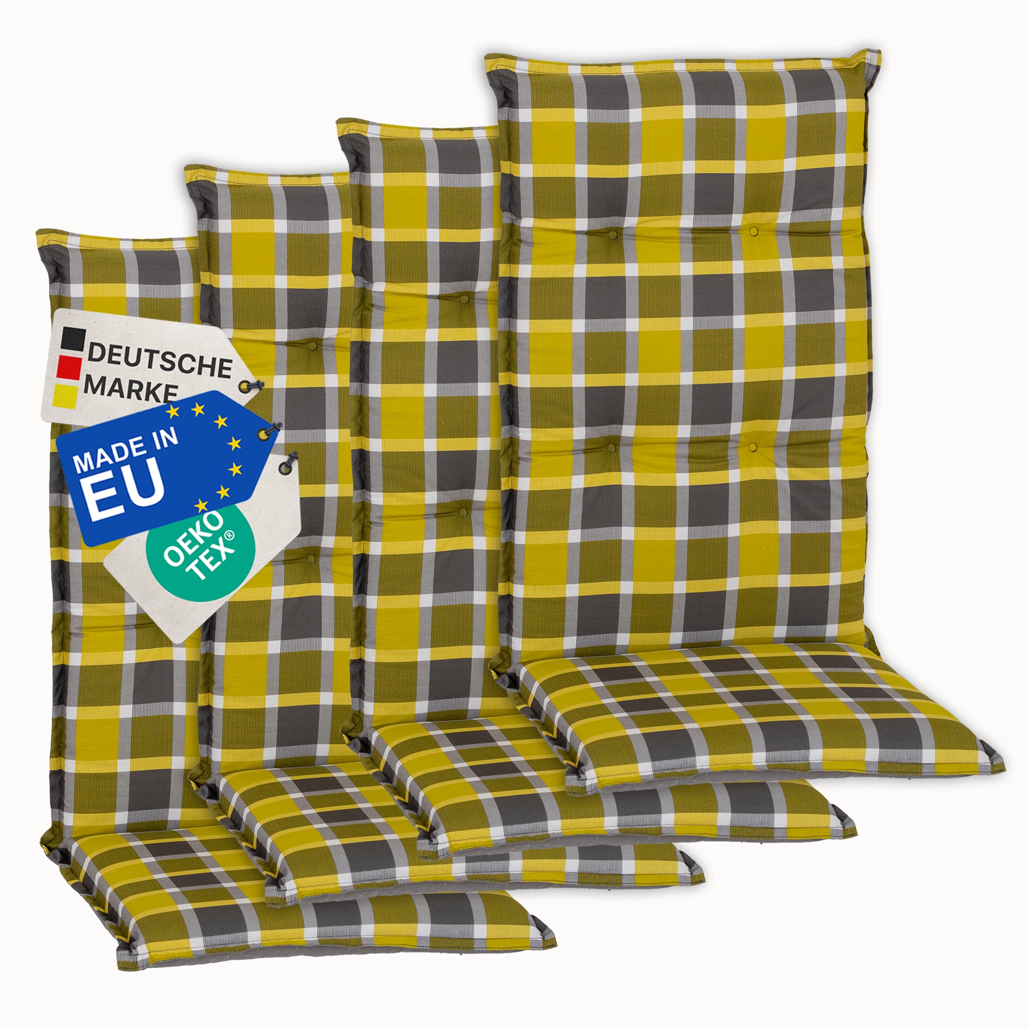 NYVI Gartenstuhl-Auflage Barcelona &ndash; Hochlehnerauflage f&uuml;r Gartenst&uuml;hle Anzahl:4er Set;Dessin:Karo Gelb Grau - Bild 1