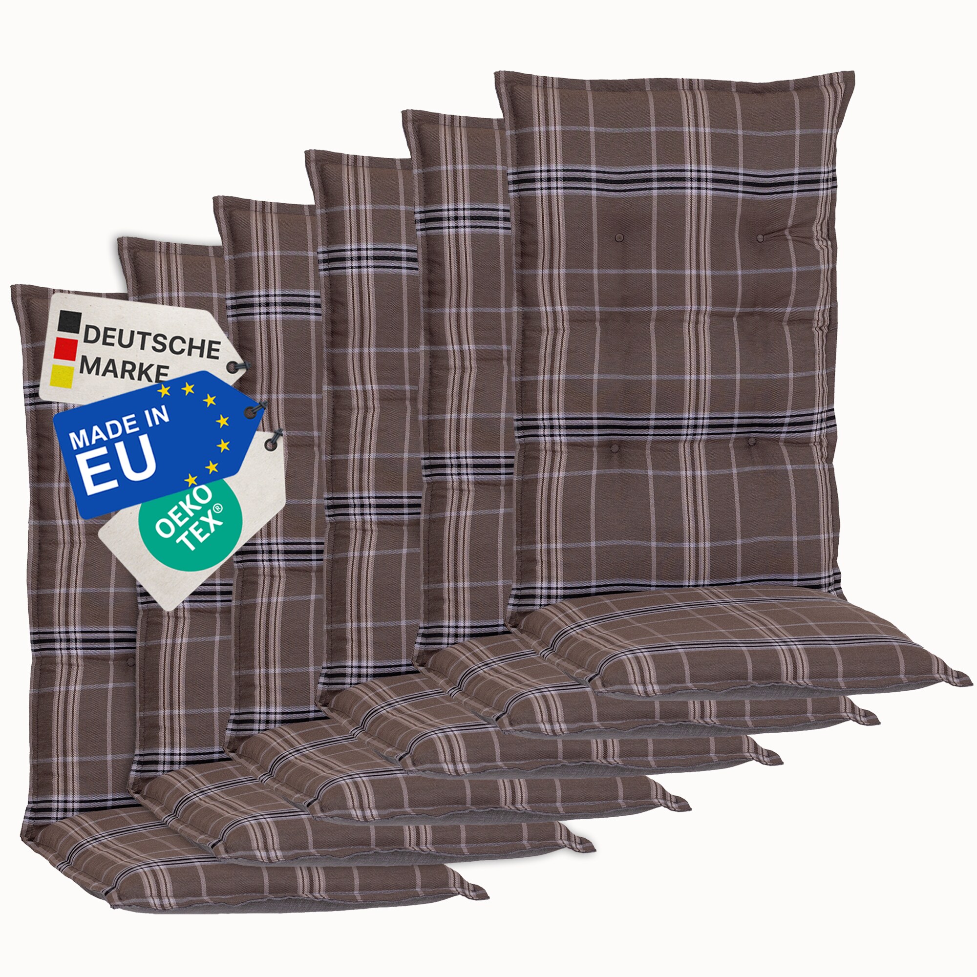 NYVI Gartenstuhl-Auflage Barcelona &ndash; Hochlehnerauflage f&uuml;r Gartenst&uuml;hle Anzahl:6er Set;Dessin:Karo Braun - Bild 1