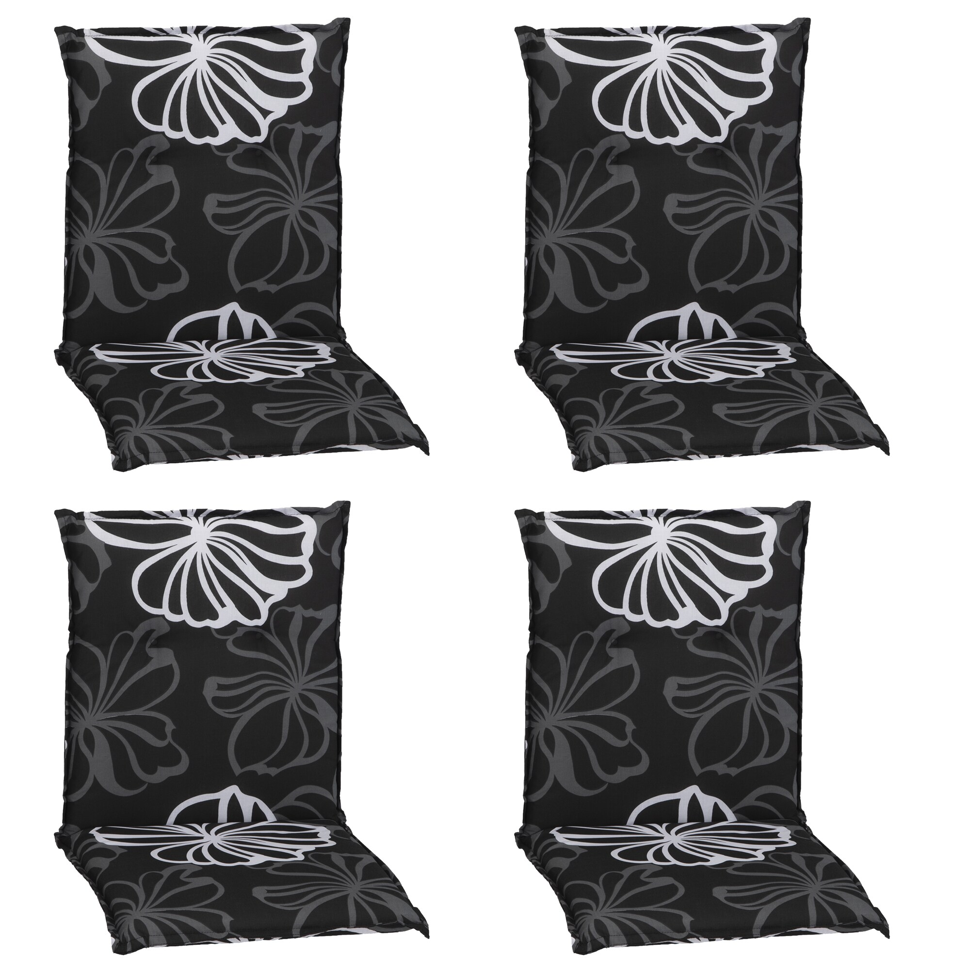 NYVI Gartenstuhl-Auflage Barcelona &ndash; Niedriglehnerauflage f&uuml;r Gartenst&uuml;hle Dessin:Black Flower;Anzahl:4er Set - Bild 1