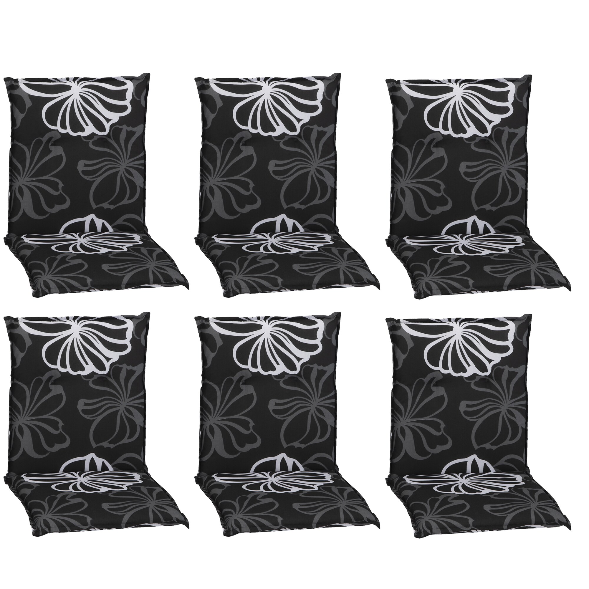 NYVI Gartenstuhl-Auflage Barcelona &ndash; Niedriglehnerauflage f&uuml;r Gartenst&uuml;hle Dessin:Black Flower;Anzahl:6er Set - Bild 1