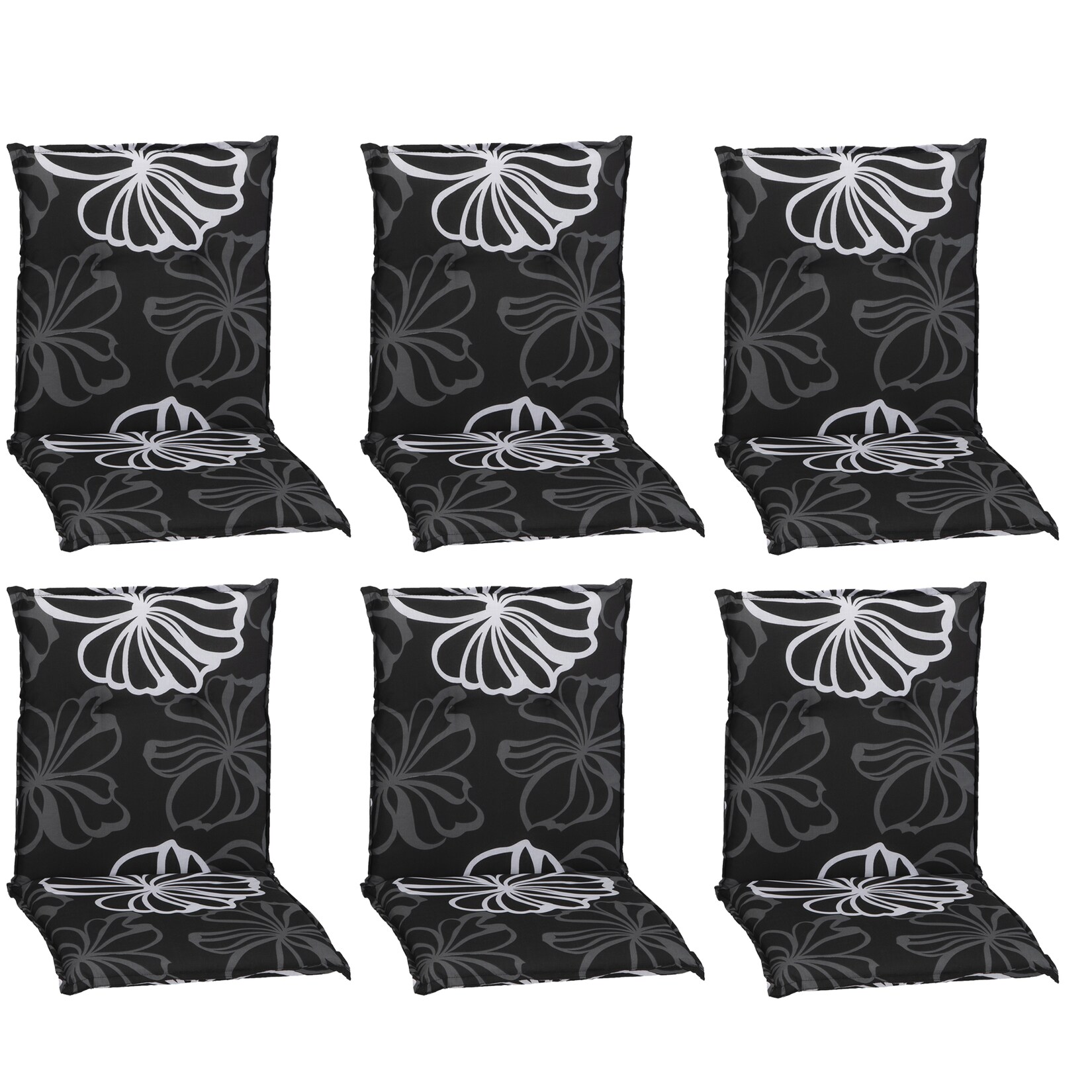 NYVI Gartenstuhl-Auflage Barcelona – Niedriglehnerauflage für Gartenstühle Dessin:Black Flower;Anzahl:6er Set