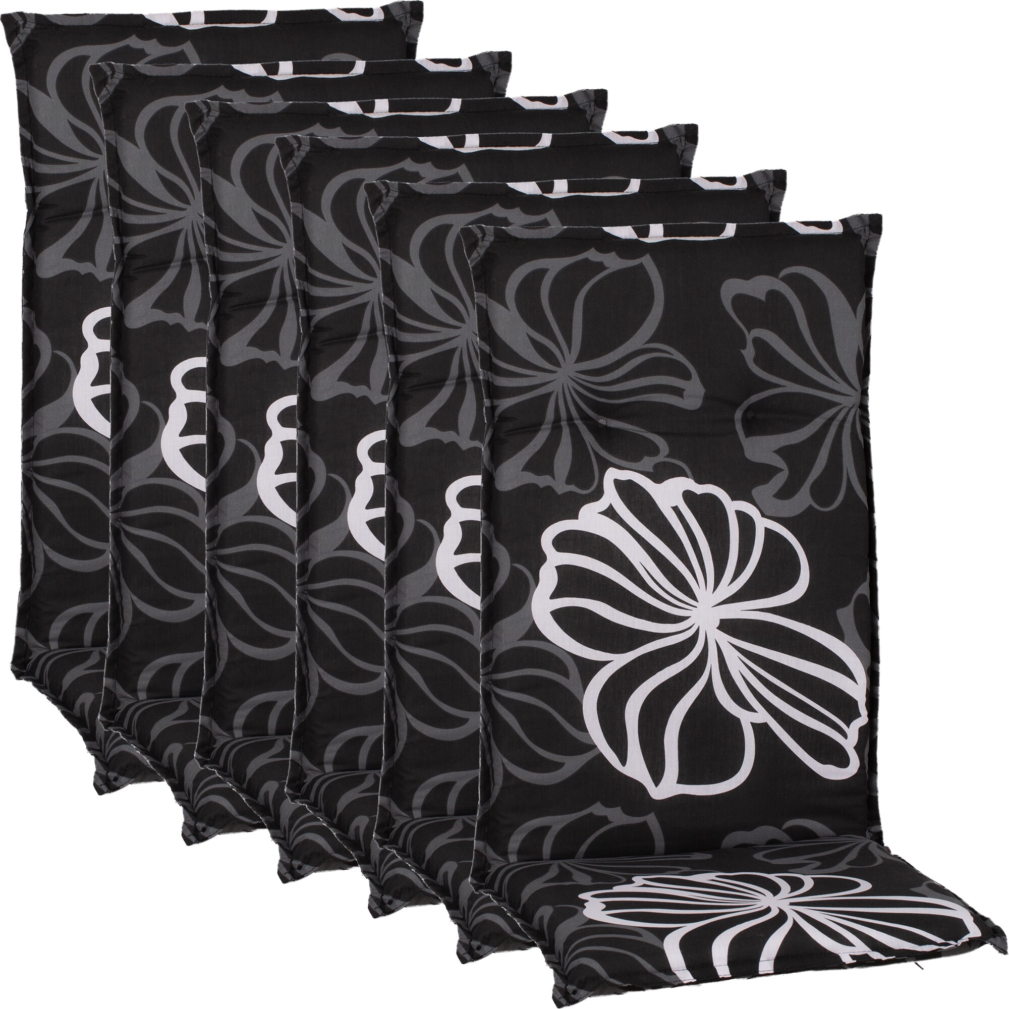 NYVI Gartenstuhl-Auflage Barcelona &ndash; Hochlehnerauflage f&uuml;r Gartenst&uuml;hle Dessin:Black Flower;Anzahl:6er Set - Bild 1