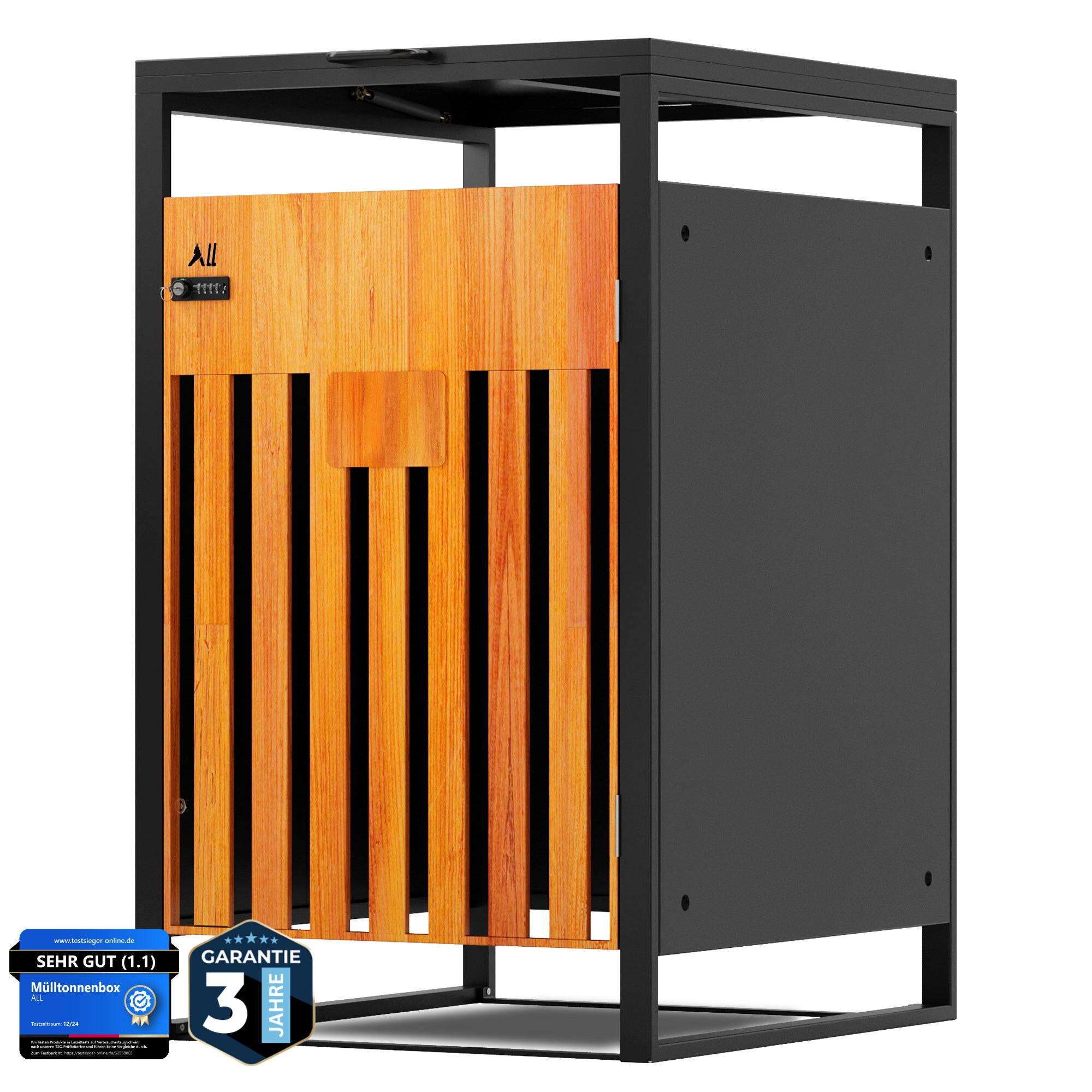 ALL Premium M&uuml;lltonnenbox 1er &ndash; Abschlie&szlig;bar, wetterfest & edle Holzoptik, f&uuml;r Garten, Hof & Stra&szlig;e, beliebig erweiterbar, legierter Stahl robust & langlebig - Bild 1
