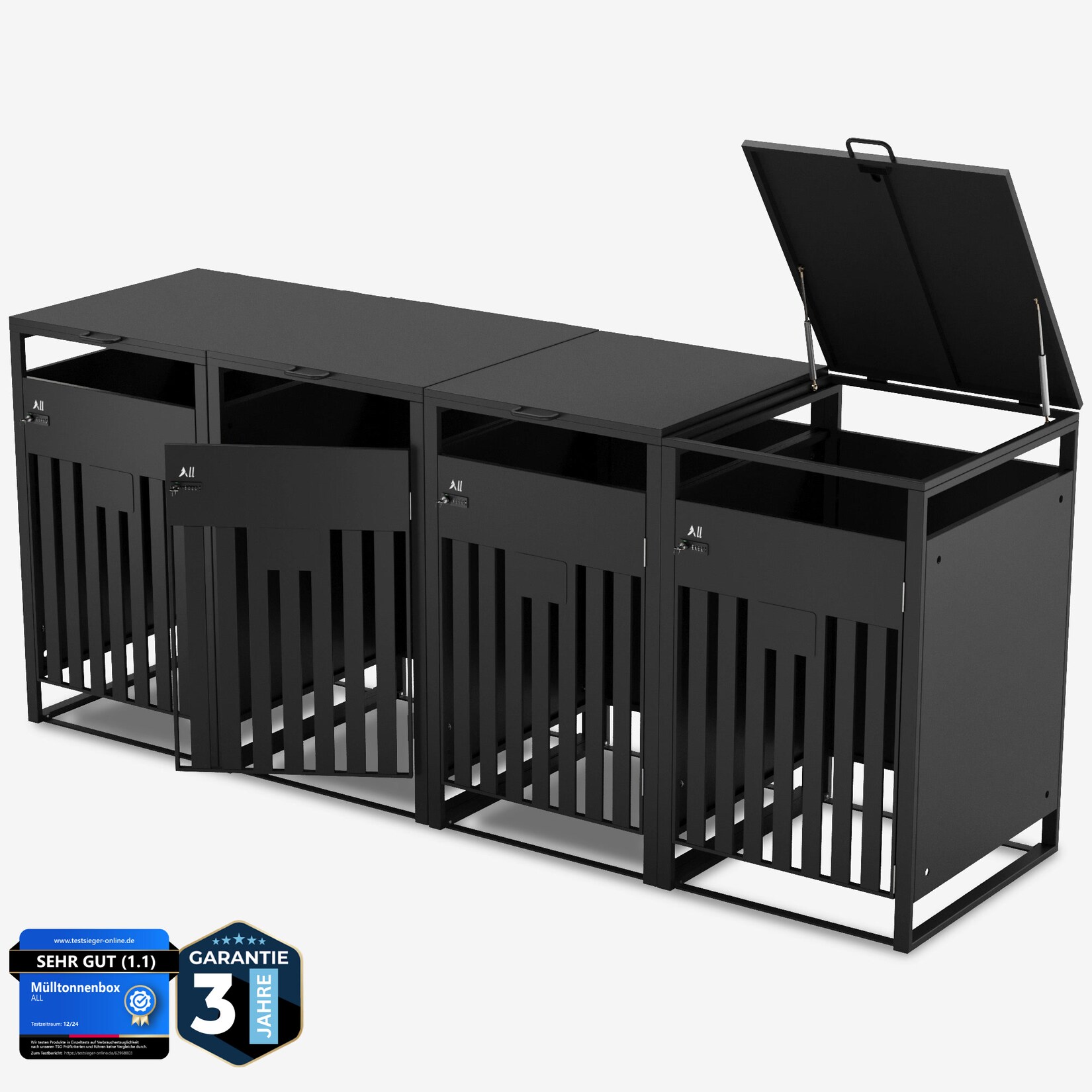 ALL Premium Mülltonnenbox 4er – Abschließbar & wetterfest, für Garten, Hof & Straße, beliebig erweiterbar, legierter Stahl robust & langlebig | 04262453160250