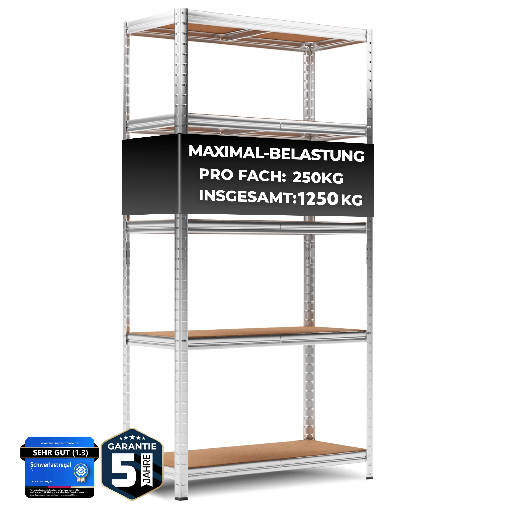 ALL Premium Schwerlastregal 180x90x40cm Silber &ndash; Bis 1250 kg belastbar, h&ouml;henverstellbar, Stecksystem, ideal f&uuml;r Lager, Garage & Keller - Bild 1