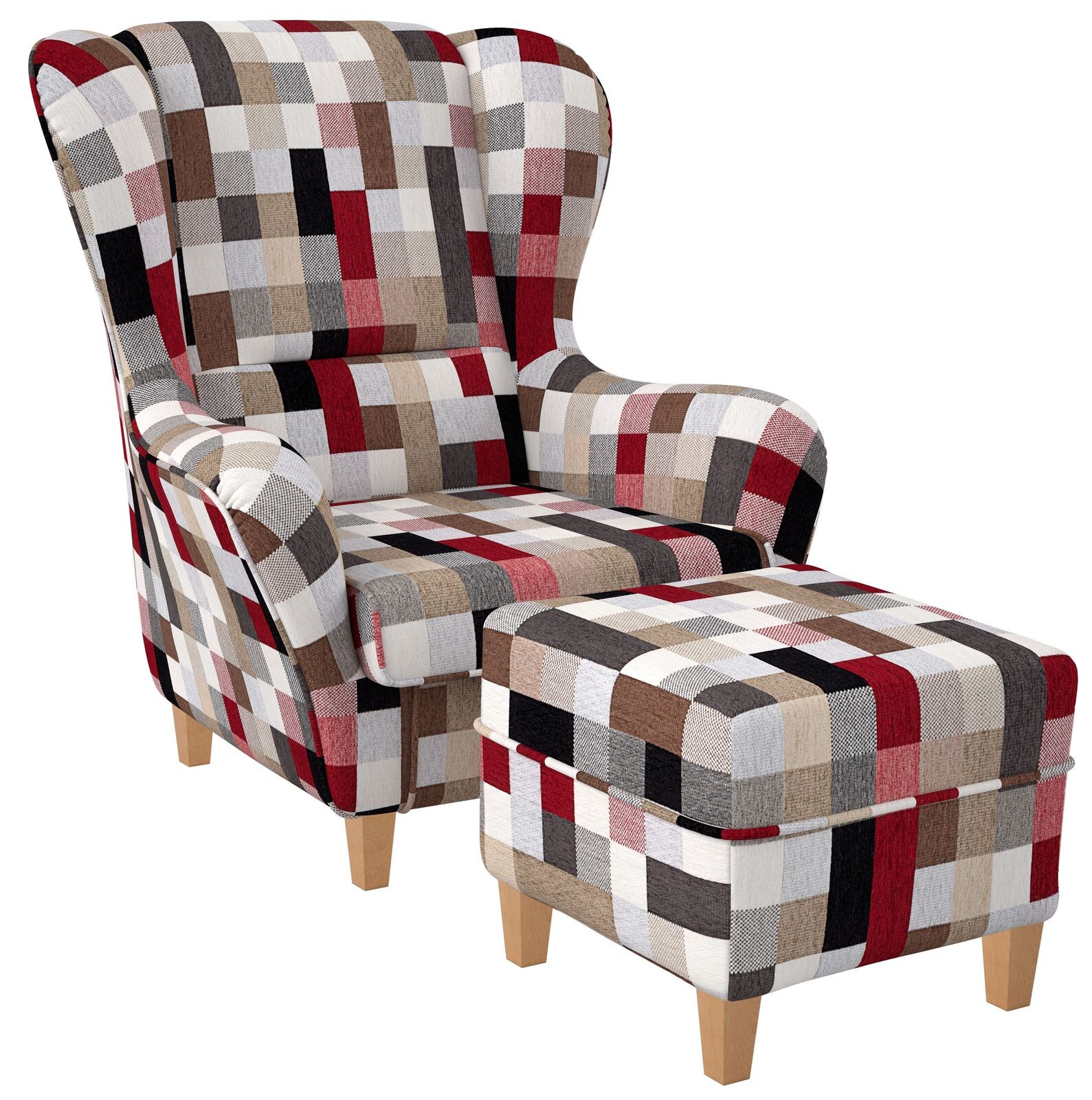 Supellex Sofia Ohrensessel mit Hocker Design Patchwork kariert bunt gedeckt