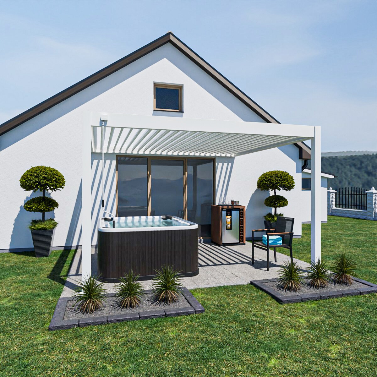 Deluxe Wand-Pergola Voll-Aluminium 3,6x4m mit Lamellendach weiß?