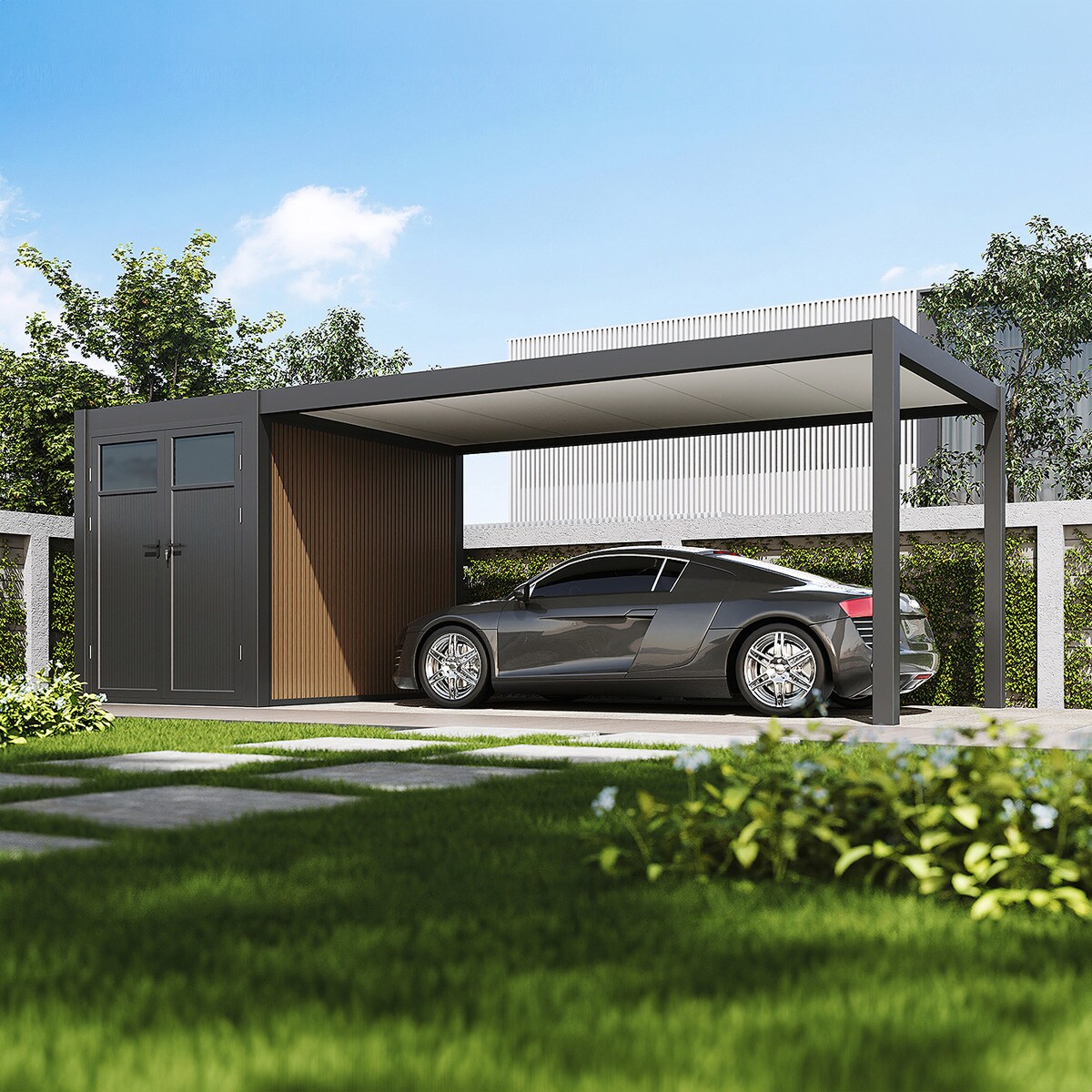 Weide Carport Mit Schuppen Aus Aluminium 3 X 7,2 M Garage Anthrazit