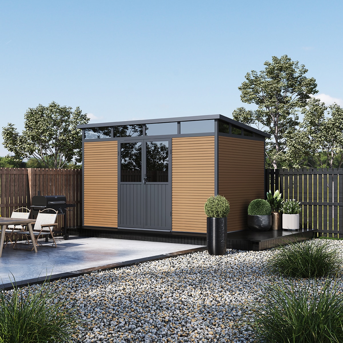 Weide Gartenhaus | Aluminium & WPC | Ger&auml;tehaus mit Doppelt&uuml;r | 338x218  cm | Wetterfest in Teak? - Bild 1