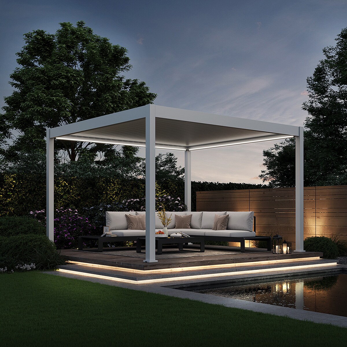 E-Deluxe   elektrische Pergola mit LED   Voll Aluminium   3,6 x 4 M   motorisiertes Lamellendach weiß?