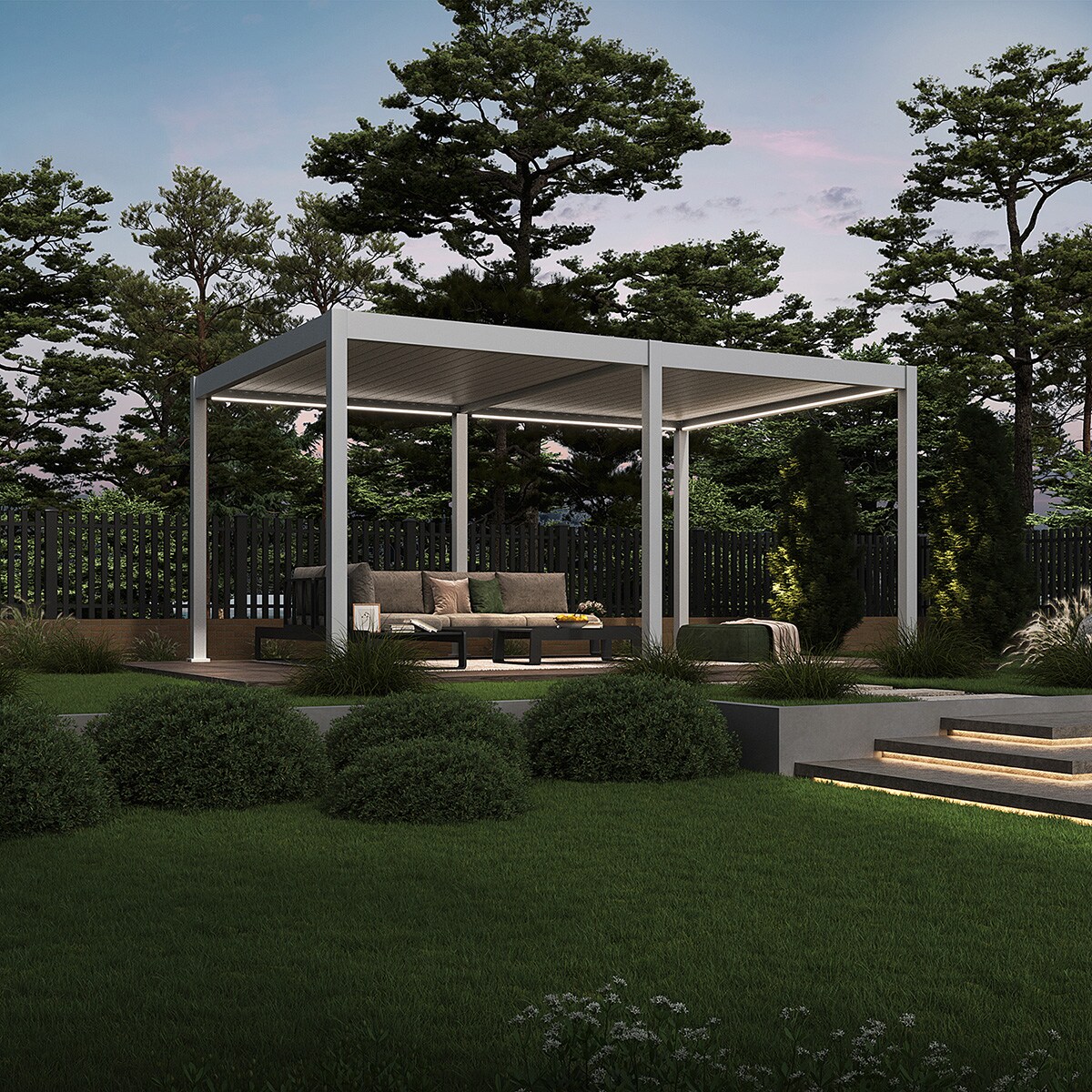 E-Deluxe   elektrische Pergola mit LED   Voll Aluminium   3,6 x 5,3 M   motorisiertes Lamellendach weiß?