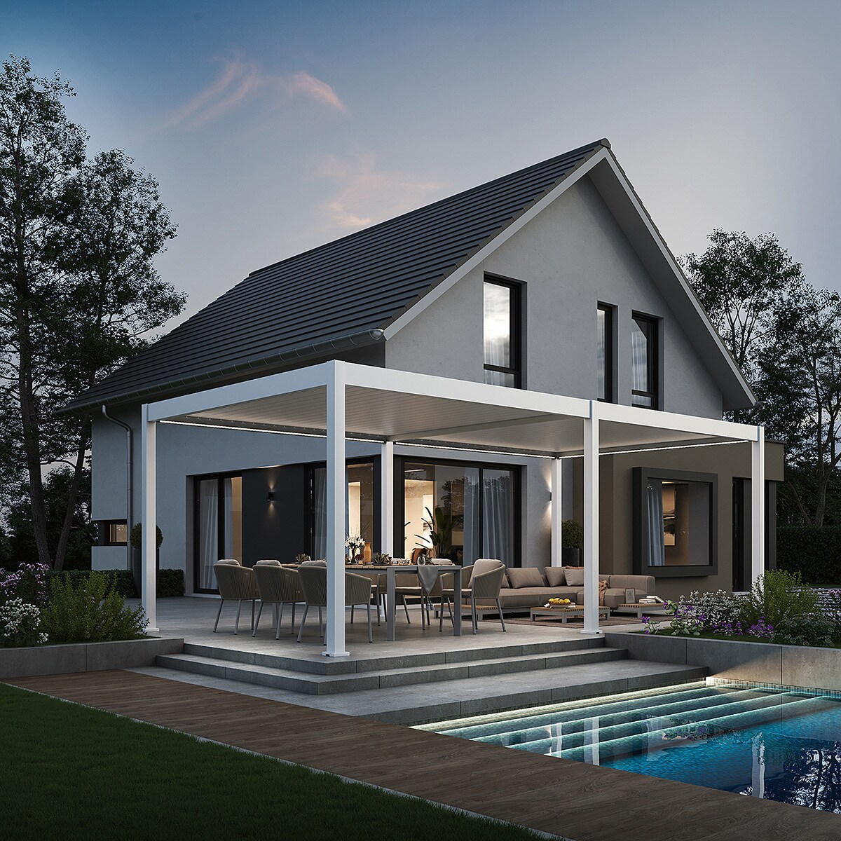 E-Deluxe   elektrische Pergola mit LED   Voll Aluminium   3,6 x 7,2 M   motorisiertes Lamellendach weiß?