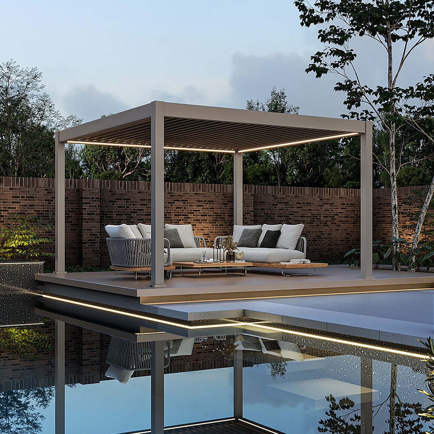 E-Deluxe Plus   elektrische Pergola mit LED   Voll Aluminium   4 x 4 M   motorisiertes Lamellendach Ivory Sand?