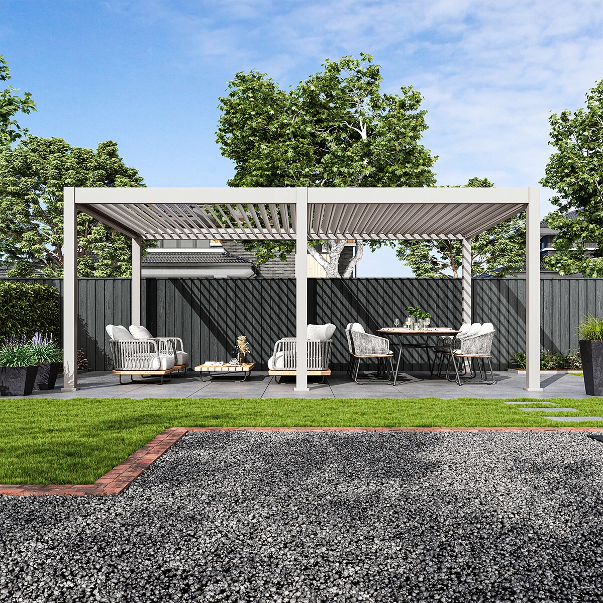 E-Deluxe Plus   elektrische Pergola mit LED   Voll Aluminium   4 x 6 M   motorisiertes Lamellendach Ivory Sand?4.0 x 6.0 Meter