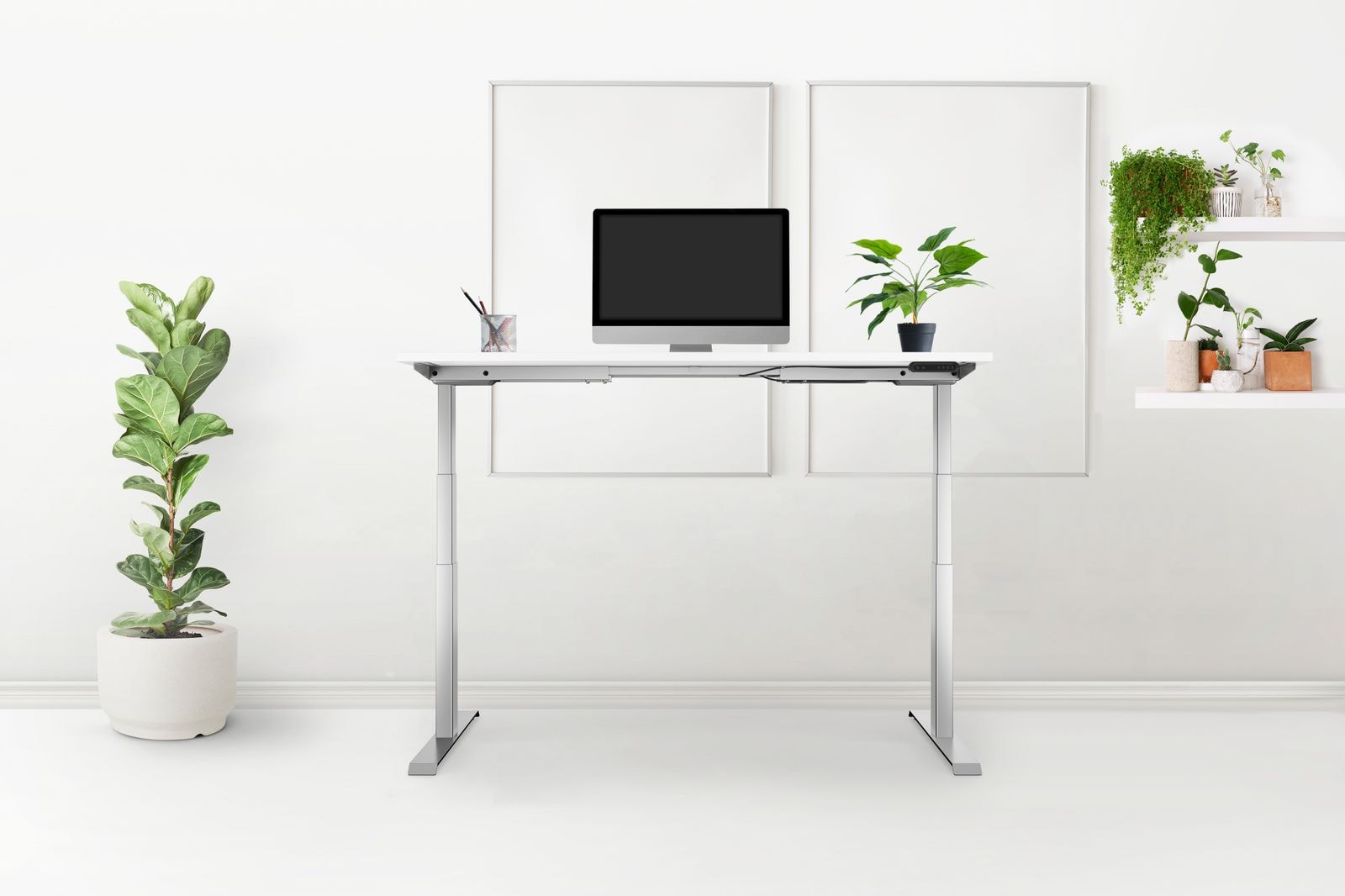 Schreibtisch elektrisch höhenverstellbar REC 120x60cm, Tischplatte Weiss mit Gestell Silber120x60