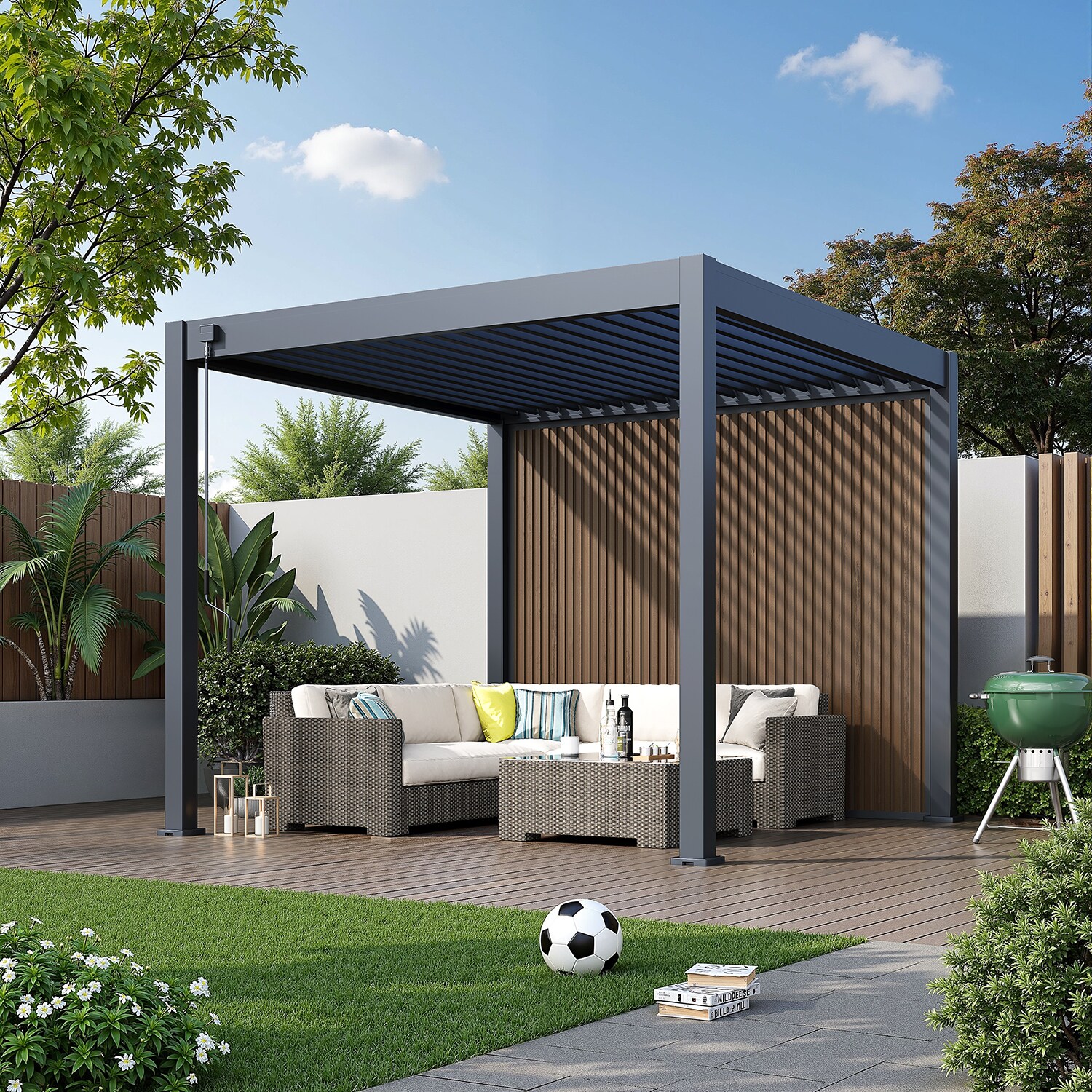 Weide Sichtschutzwand Holzoptik (Teak) – Pergola Seitenwand Lamellen & Windschutzanthrazit 3.0 M