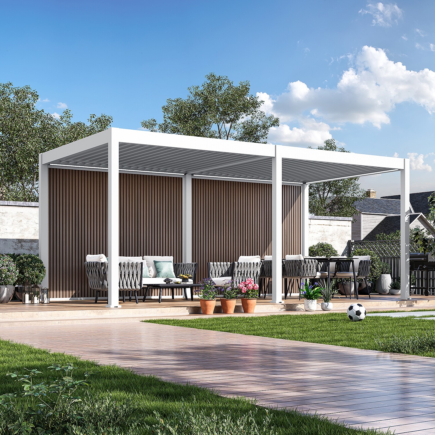 Weide Sichtschutzwand Holzoptik (Teak) – Pergola Seitenwand Lamellen & Windschutzweiß 3.0 M