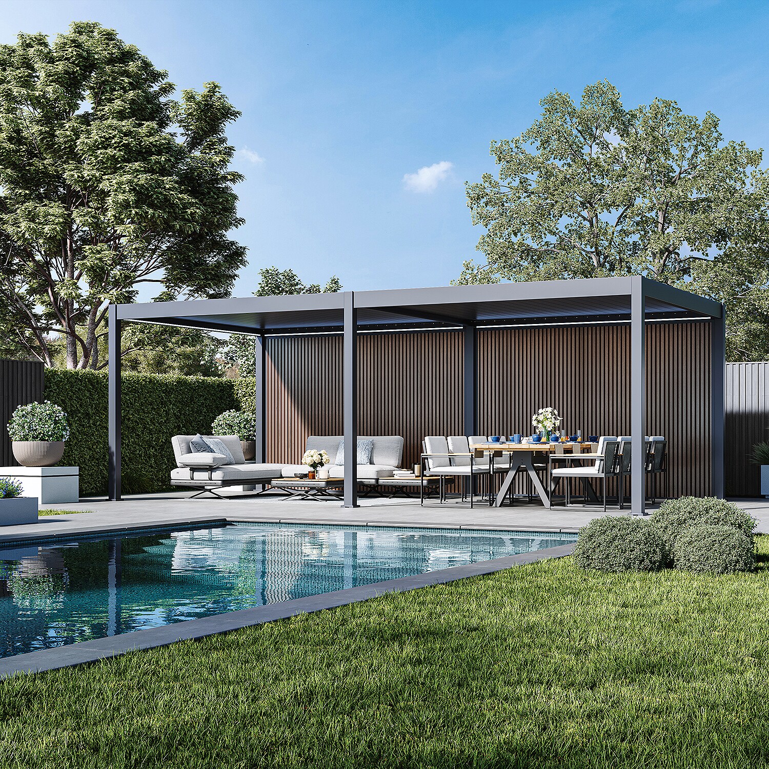 Sichtschutzwand Holzoptik (Teak) – Pergola Seitenwand Lamellen & Windschutzanthrazit 3.6 M