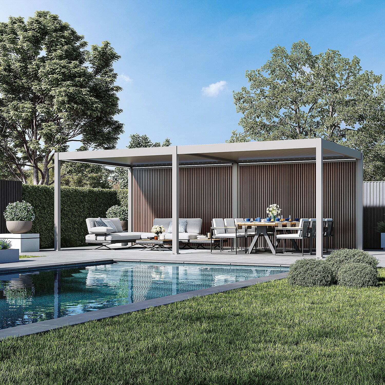 Sichtschutzwand Holzoptik (Teak) – Pergola Seitenwand Lamellen & Windschutzsand 3.6 M