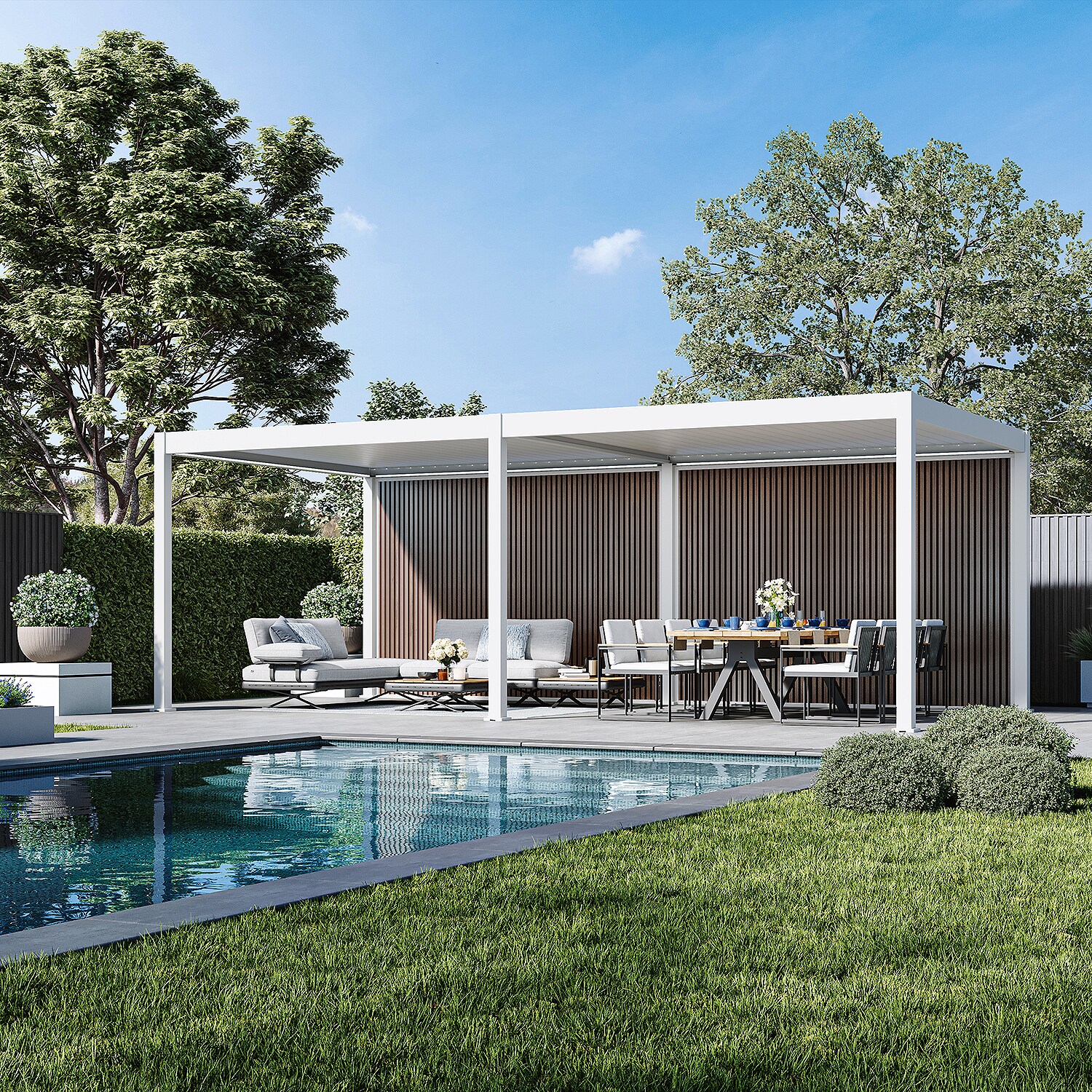 Sichtschutzwand Holzoptik (Teak) – Pergola Seitenwand Lamellen & Windschutzweiß 3.6 M