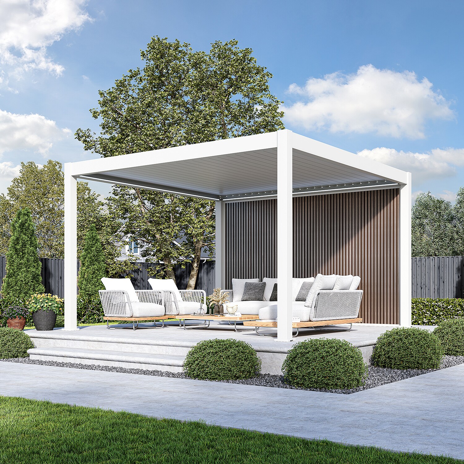 Sichtschutzwand Holzoptik (Teak) – Pergola Seitenwand Lamellen & Windschutzweiß 4.0 M