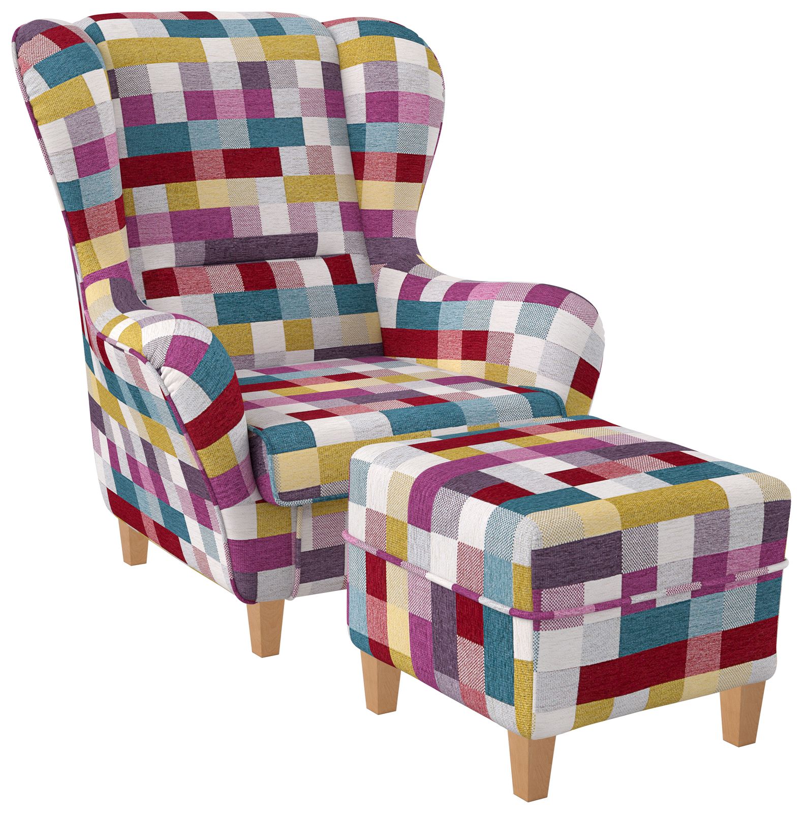 Supellex Sofia Ohrensessel mit Hocker | Design Patchwork kariert bunt? - Bild 1