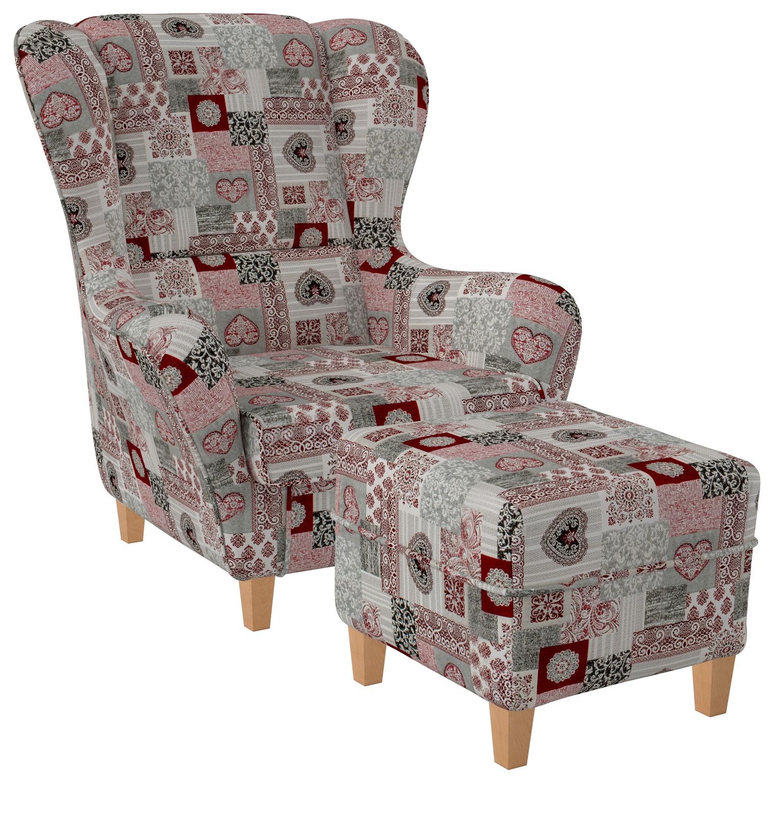 Supellex Sofia Ohrensessel mit Hocker | Design Patchwork Ornamente, Herz Rot? - Bild 1
