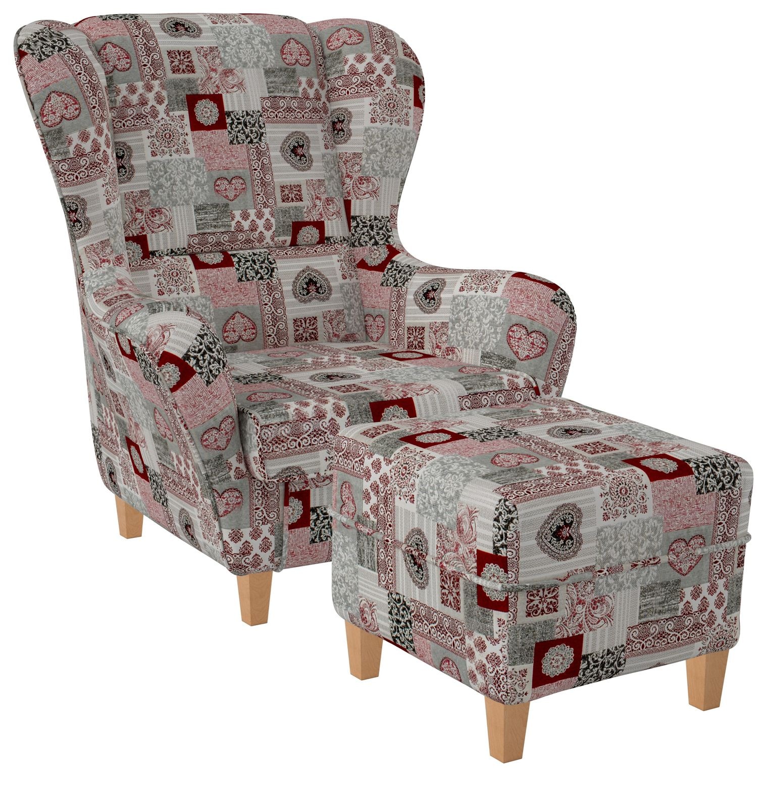 Supellex Sofia Ohrensessel mit Hocker Design Patchwork Ornamente, Herz Rot