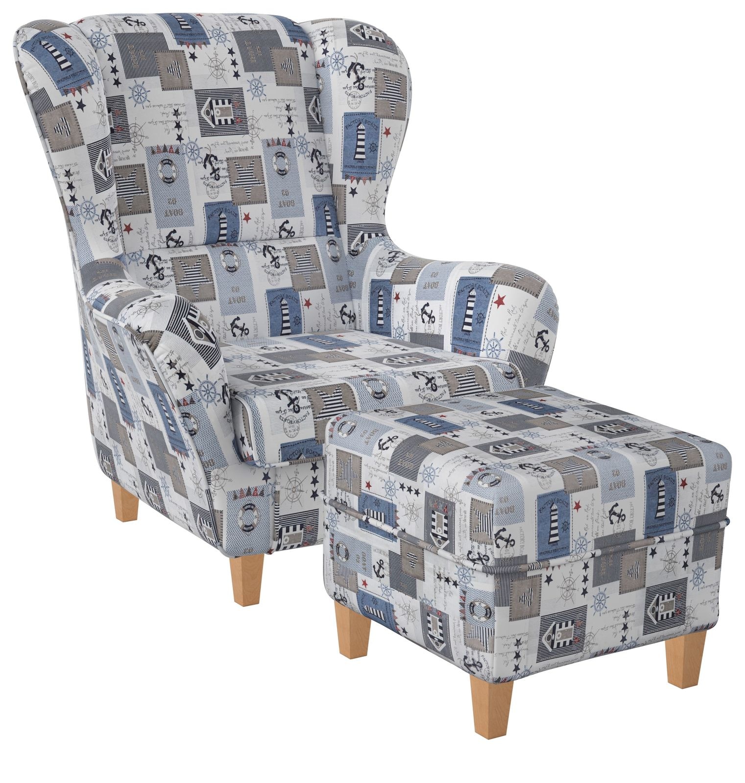 Supellex Sofia Ohrensessel mit Hocker Design Patchwork maritime Motive