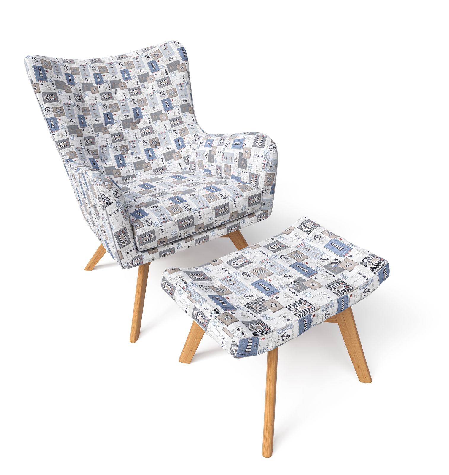 Supellex Sessel Manhattan mit Hocker Design Patchwork maritime Motive
