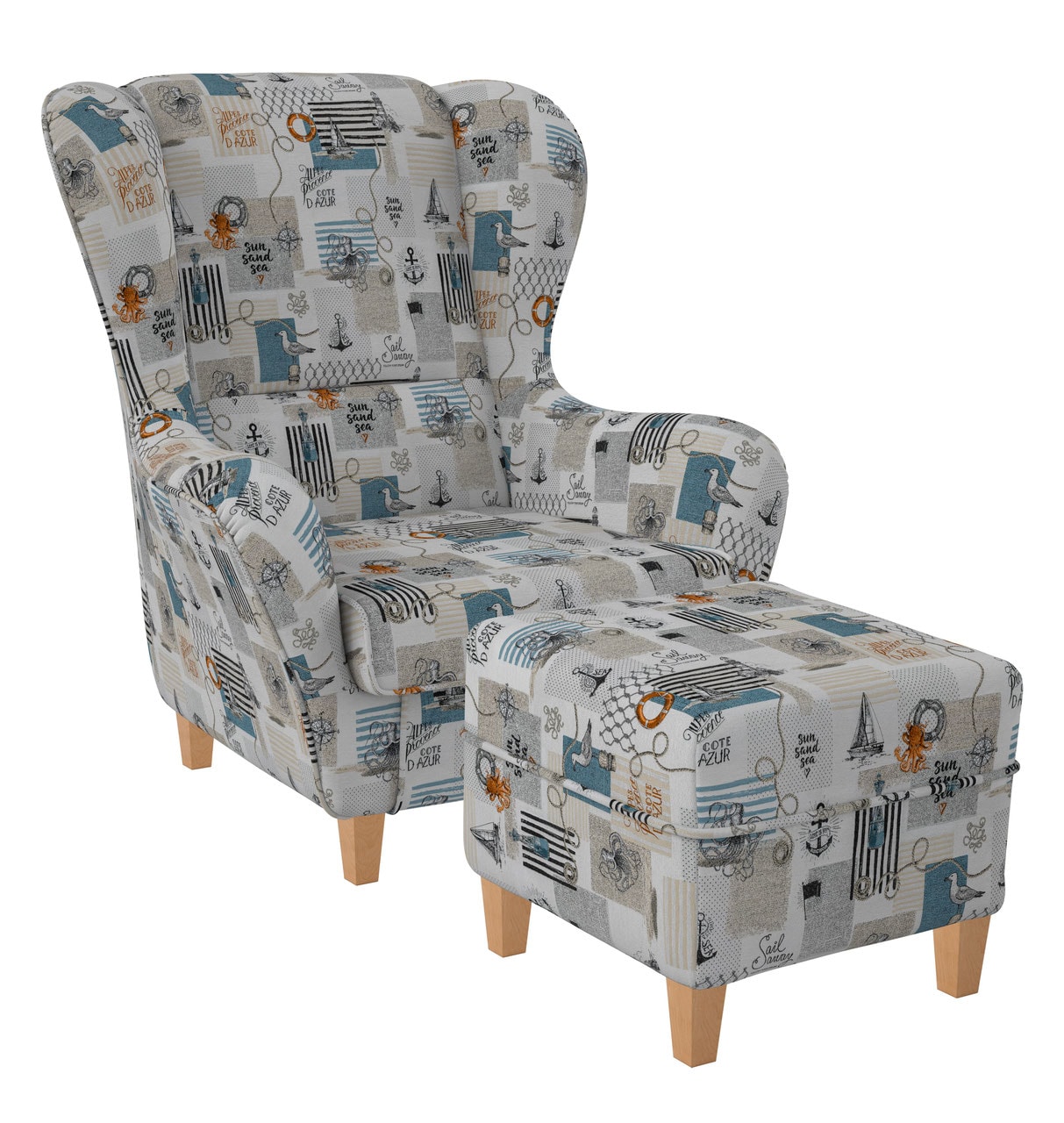 Supellex Sofia Ohrensessel mit Hocker Design Patchwork Côte D'Azur