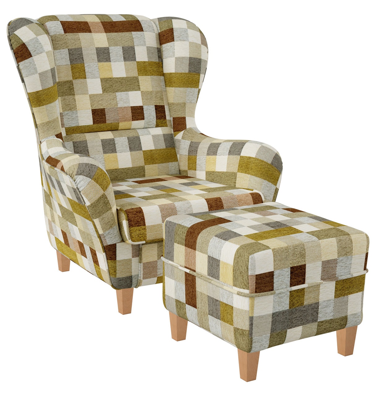 Supellex Sofia Ohrensessel mit Hocker | Design kariert Beige-Ocker?