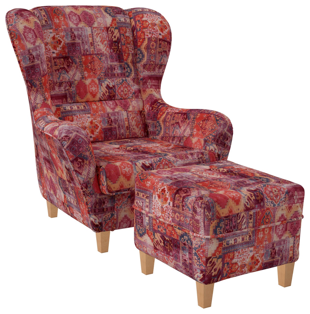 Supellex Sofia Ohrensessel mit Hocker Patchwork, Samt-Velours, Orient Rot