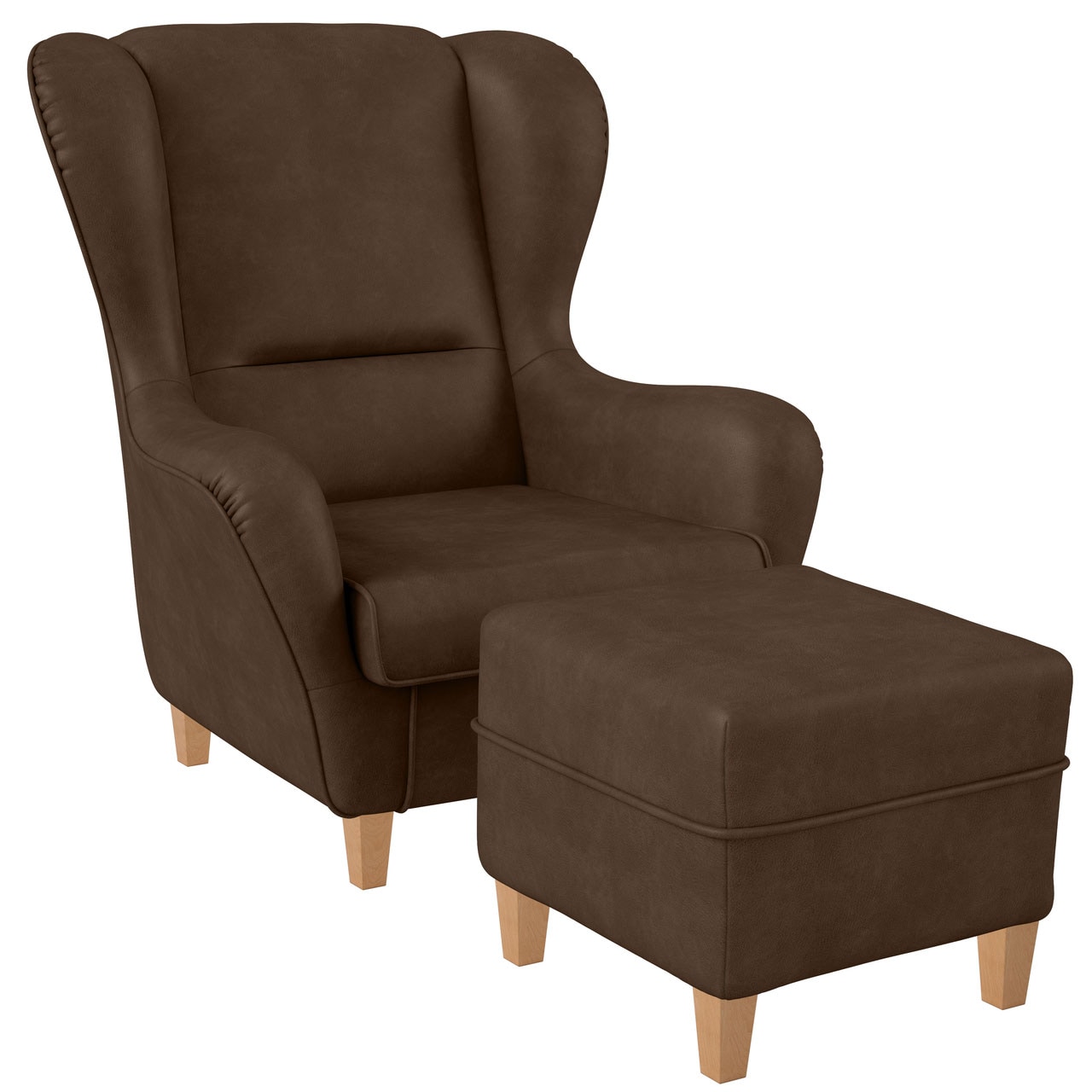 Sofia Ohrensessel mit Hocker Design Kunstleder Nougatbraun