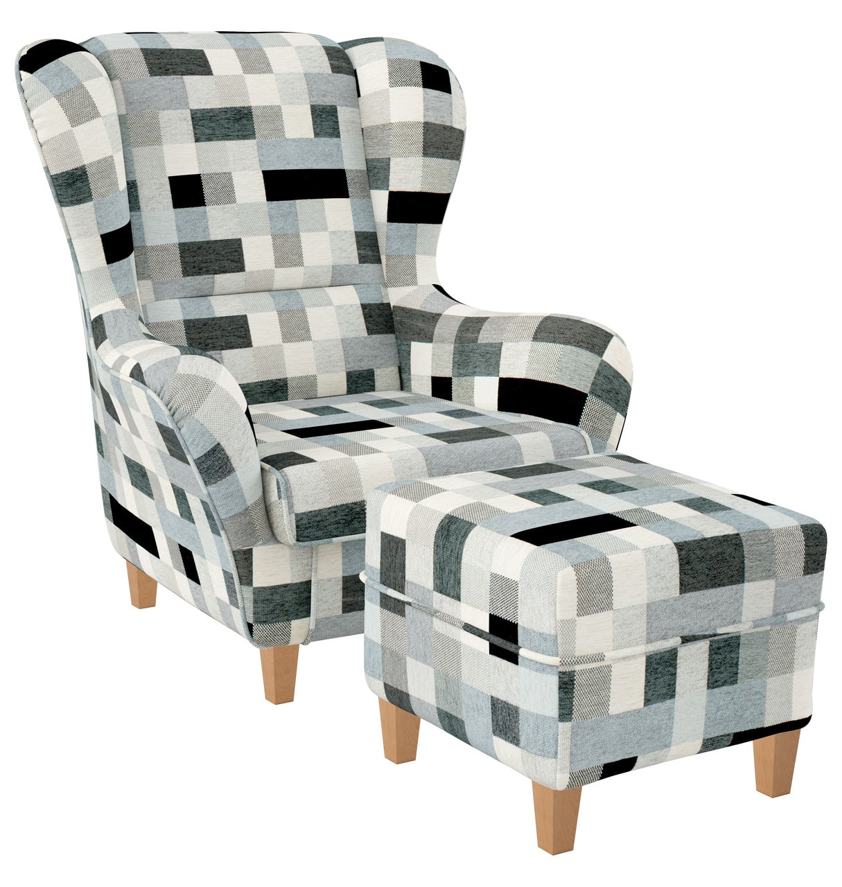 Supellex Sofia Ohrensessel mit Hocker Design Patchwork grau
