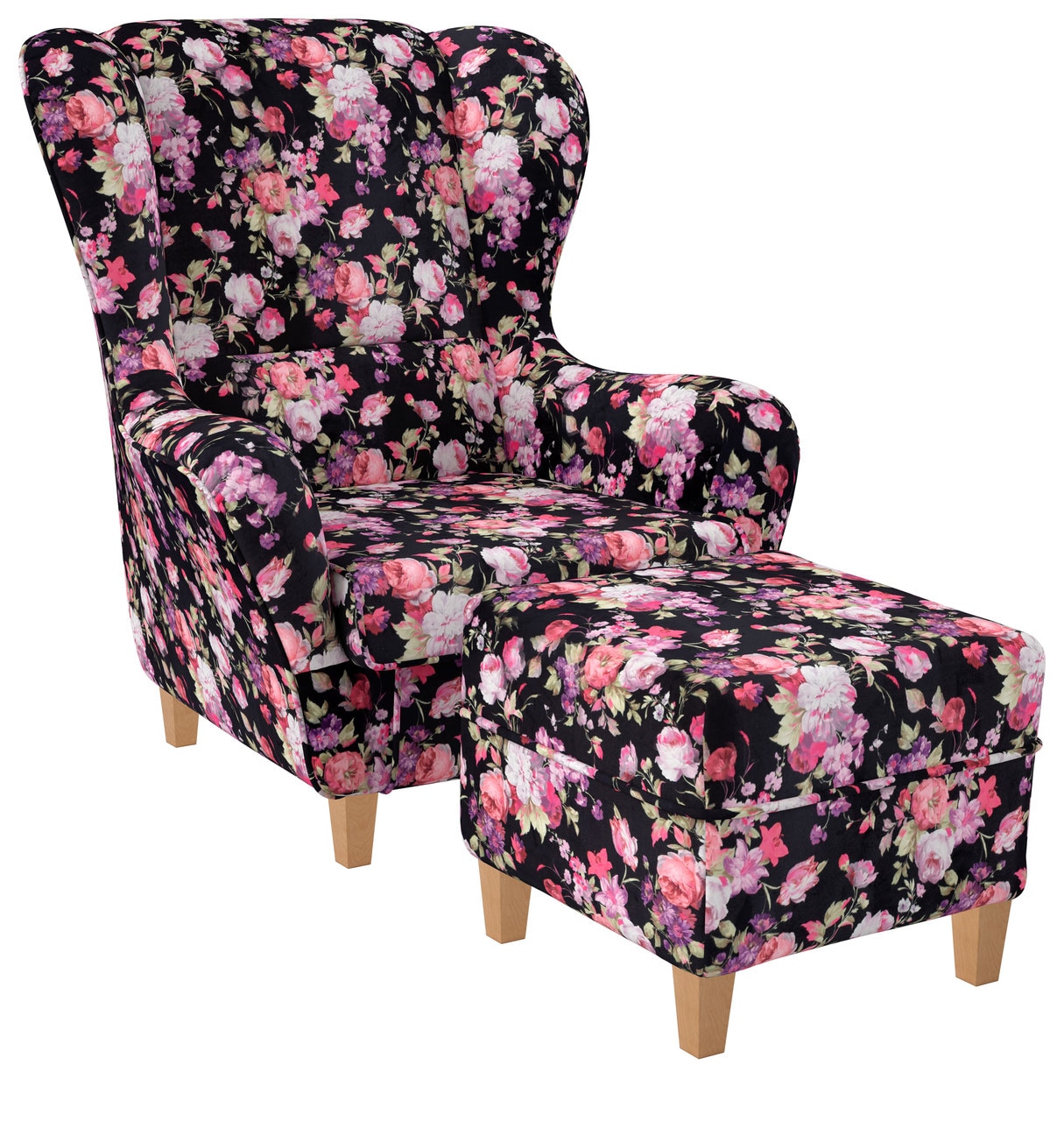 Supellex Sofia Ohrensessel mit Hocker Patchwork, Samt-Velours, Rosen