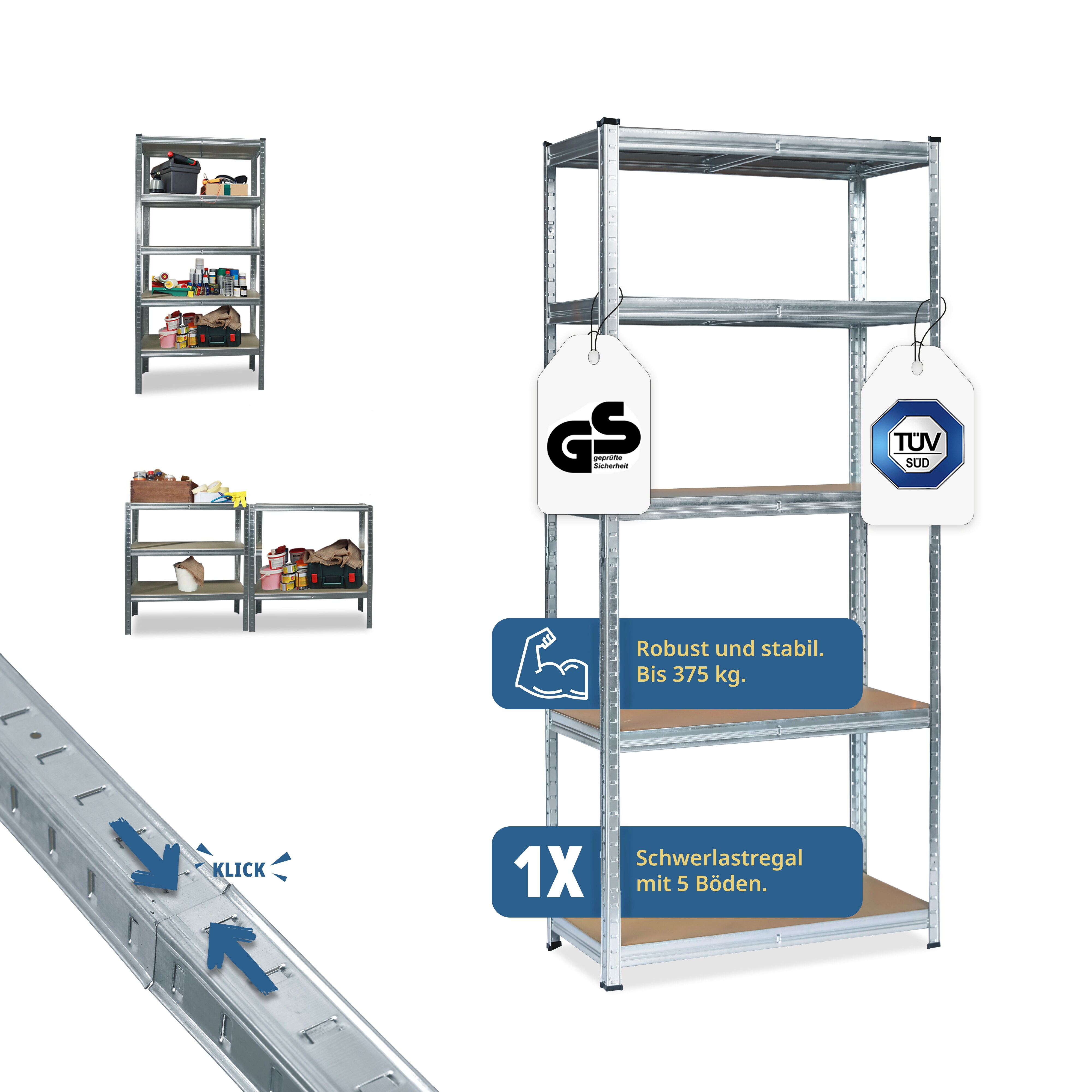 Grafner&reg; Lagerregal 172x75x30 cm mit 5 B&ouml;den max. 375 kg Metall verzinkt Kellerregal Schwerlastregal - Bild 1