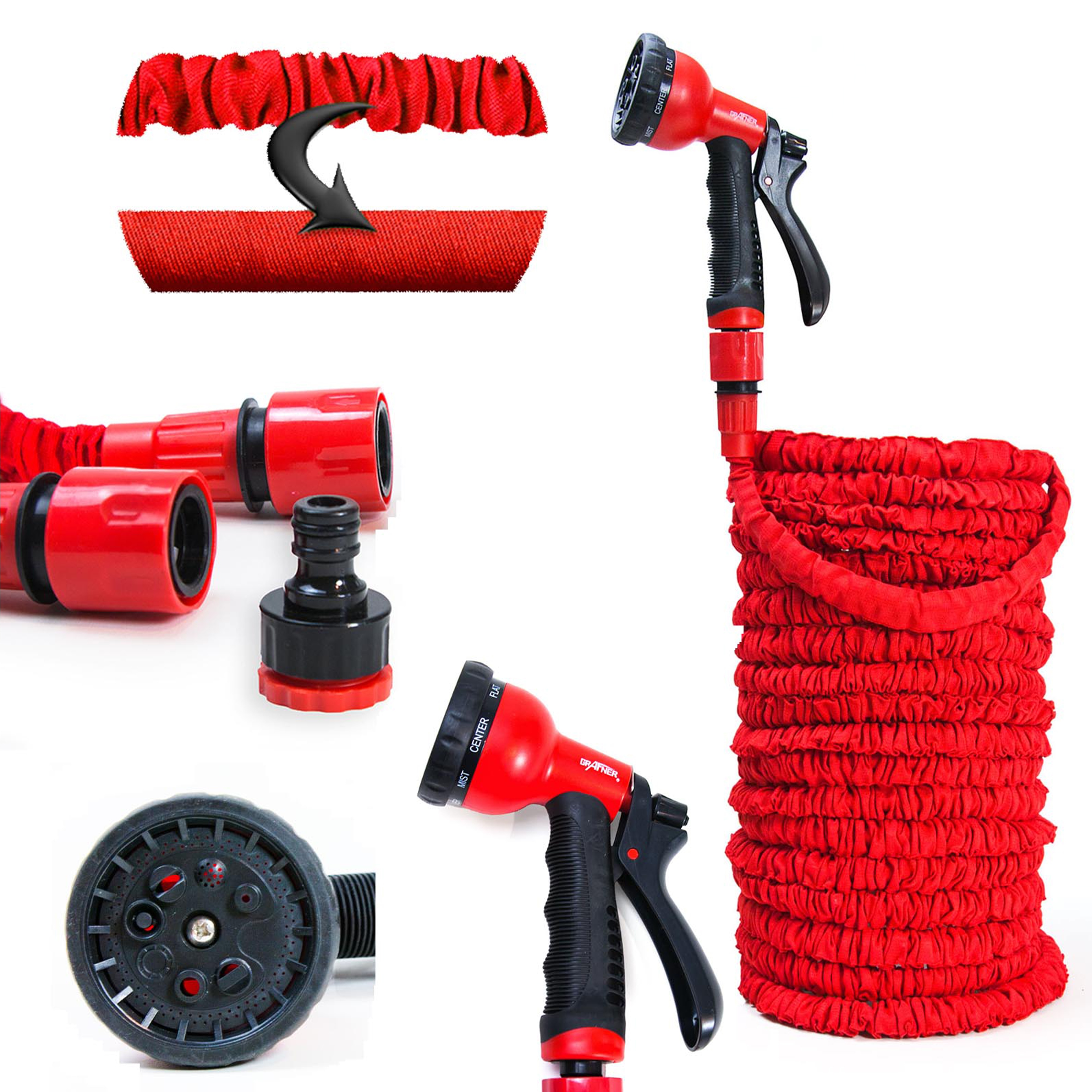 Grafner&reg; 1/2" Flexibler Gartenschlauch 30 Meter rot inkl. 10 Funktionen Brause - Bild 1