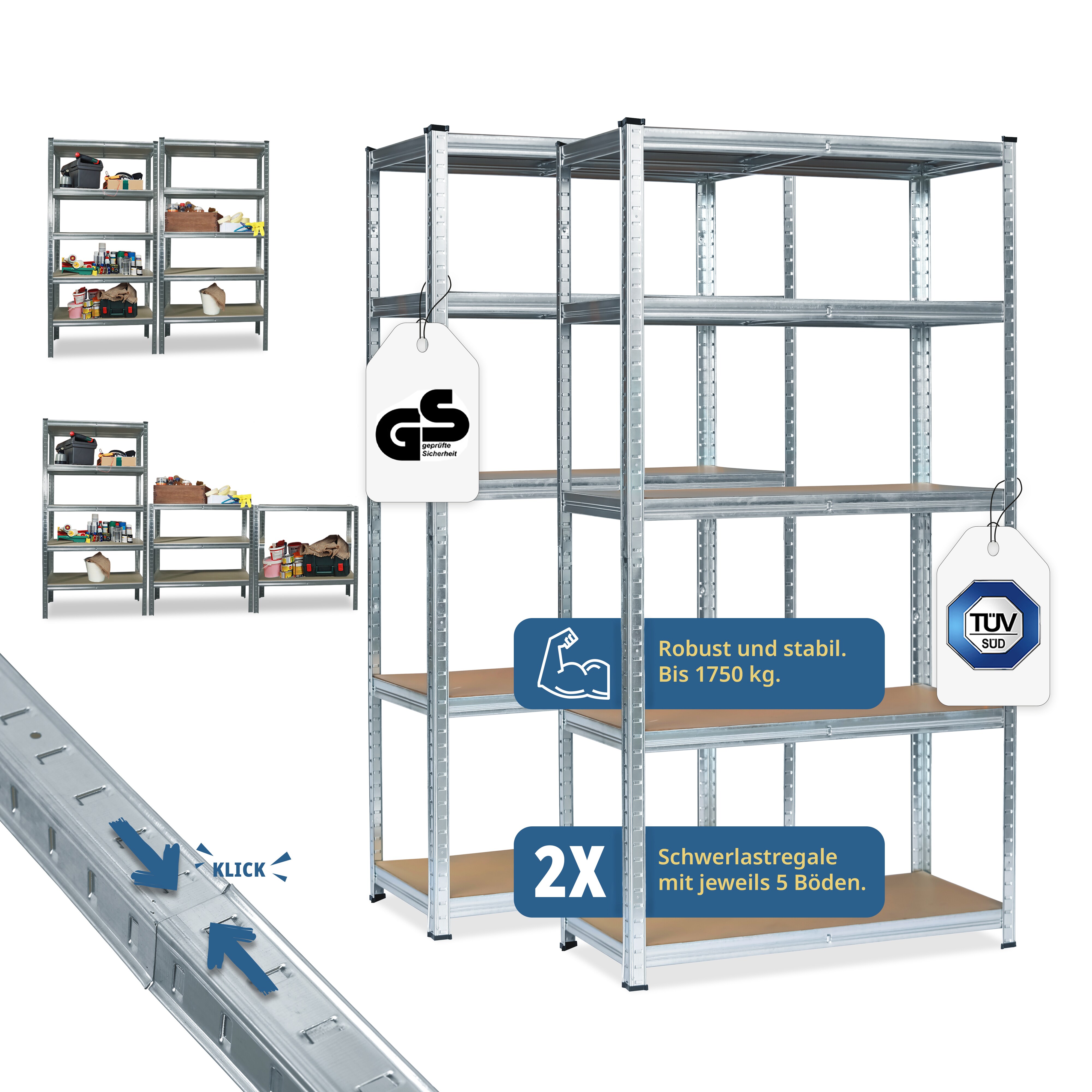 Grafner&reg; Lagerregal 2er Set 180x90x40 cm 2 Schwerlastregale mit 10 B&ouml;den max. 1750 kg Metall verzink - Bild 1